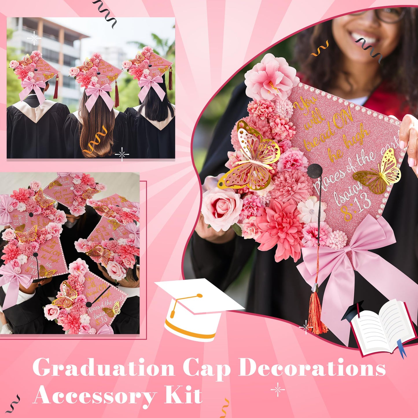 68 Pcs Pink DIY Graduation Cap Decorations Accessory Kit 3D Artificial Flowers Pink White Bows Butterfly Glitter Alphabet Number Pearl Stickers for DIY Hat Grad Cap Topper Graduation Party Supplies