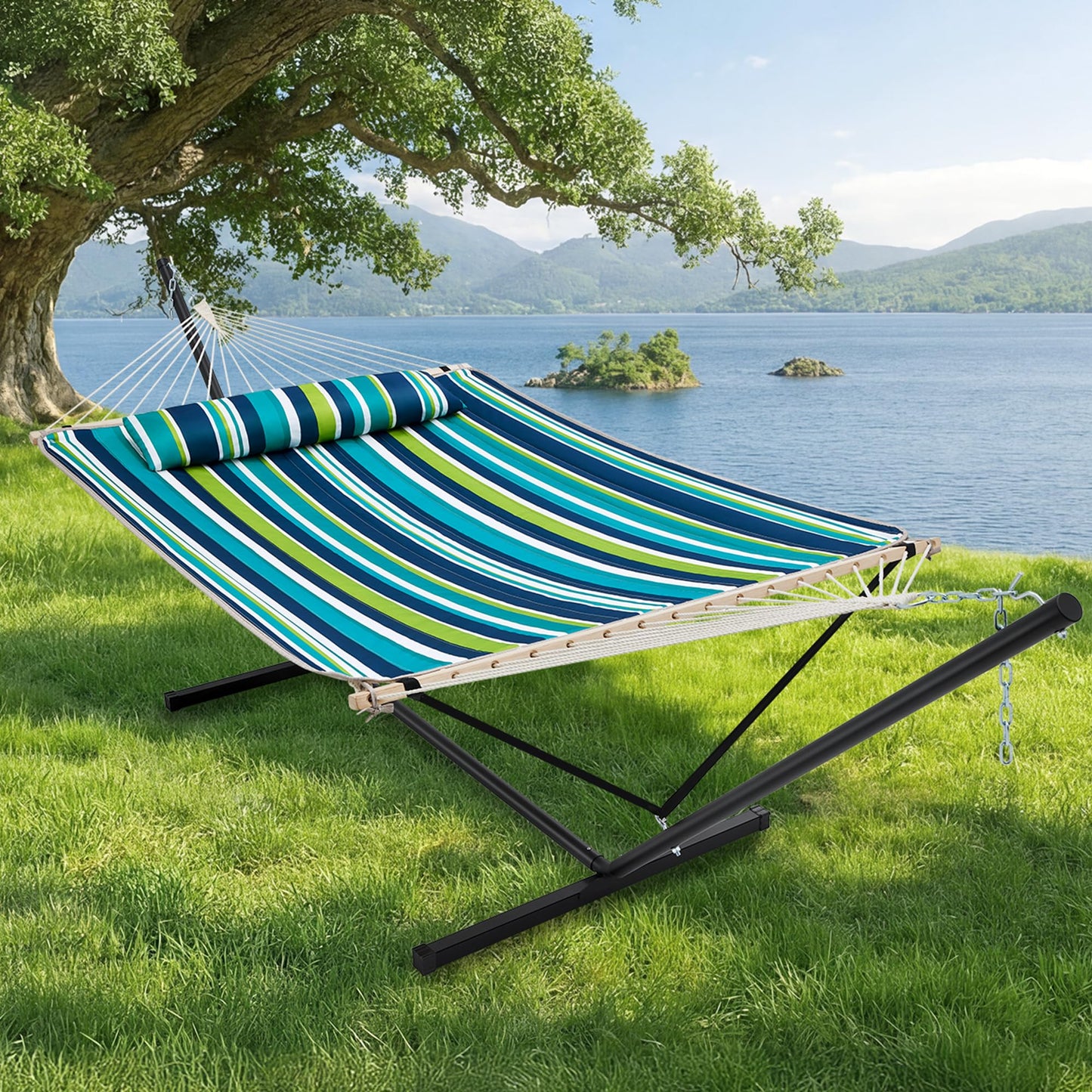 SUPERJARE 12ft Double Hammock with Stand, Rope Hammock for 2 Person, Detachable Hammock Bed and Pillow, Portable, Anti-Tip Safety Ropes, Carry Bag, Outdoor Backyard Patio Camping, Dark Cyan