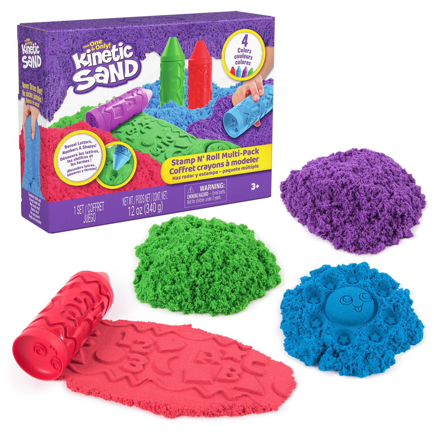 Kinetic Sand, Stamp N' Roll Crayon Multi-Pack with 12 oz Purple, Green, Blue & Red Play Sand, Toddler Toys, Arts and Crafts Kids Toys for Girls & Boys Ages 3 and up