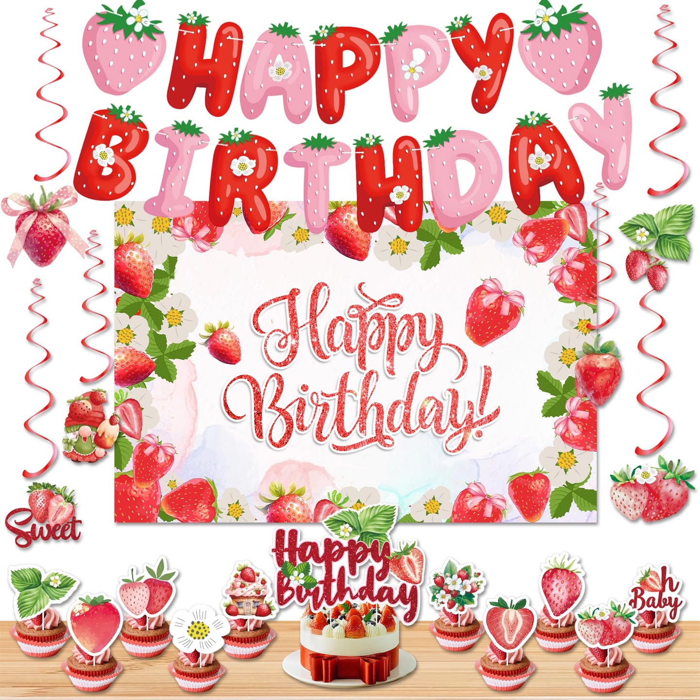 Strawberry Birthday Party Decorations Set - Cute Backdrop Banner, Hanging Banners, Swirls Streamers,Cake & Cupcake Toppers, Sweet Theme Party Supplies Kit for Girls, Kids, Baby Shower