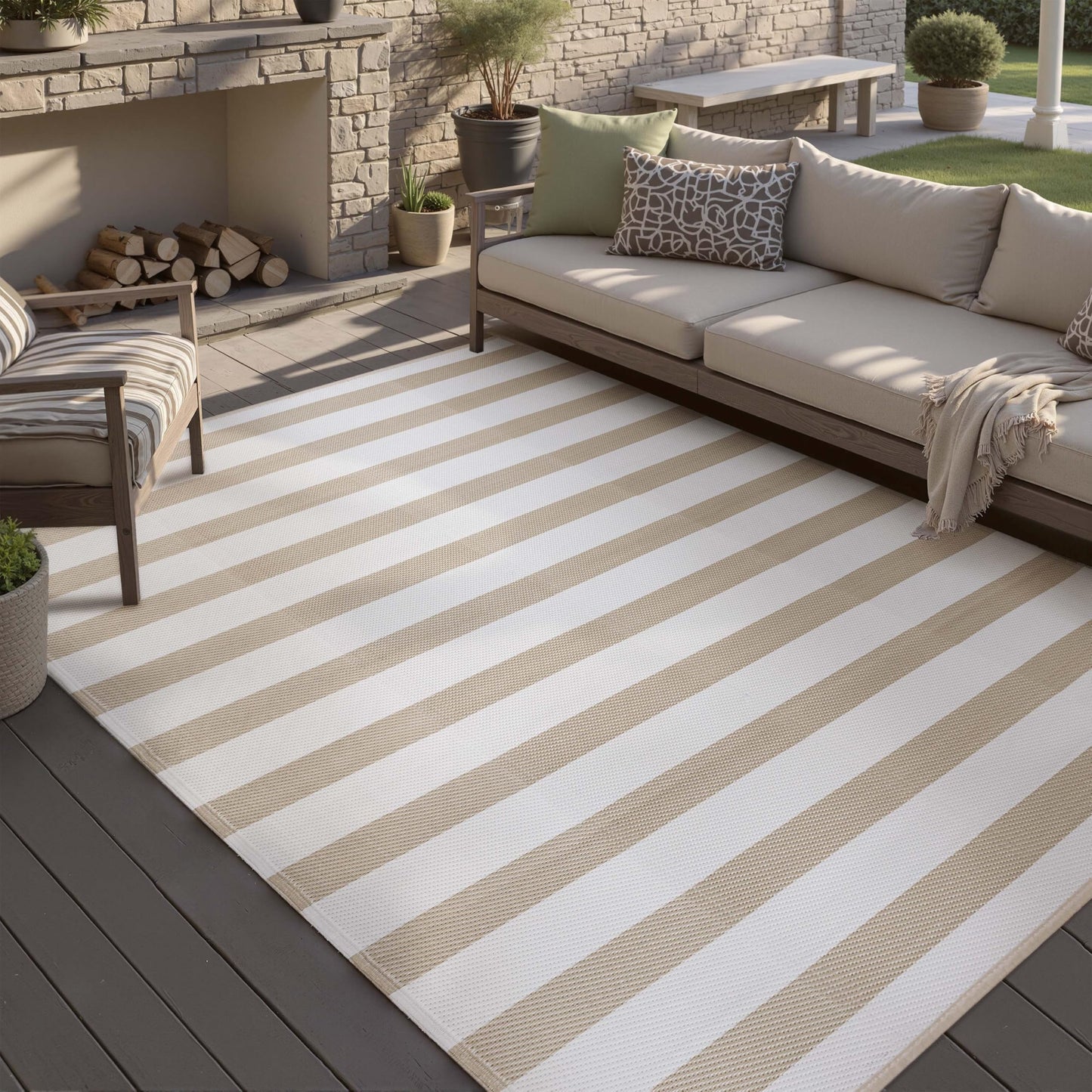 PureCozy Outdoor Waterproof Patio Rug 9x12 Plastic Straw Reversible Lightweight Outside Beige Striped Large Carpet Outdoor for Camping RV Porch Deck Balcony Beach