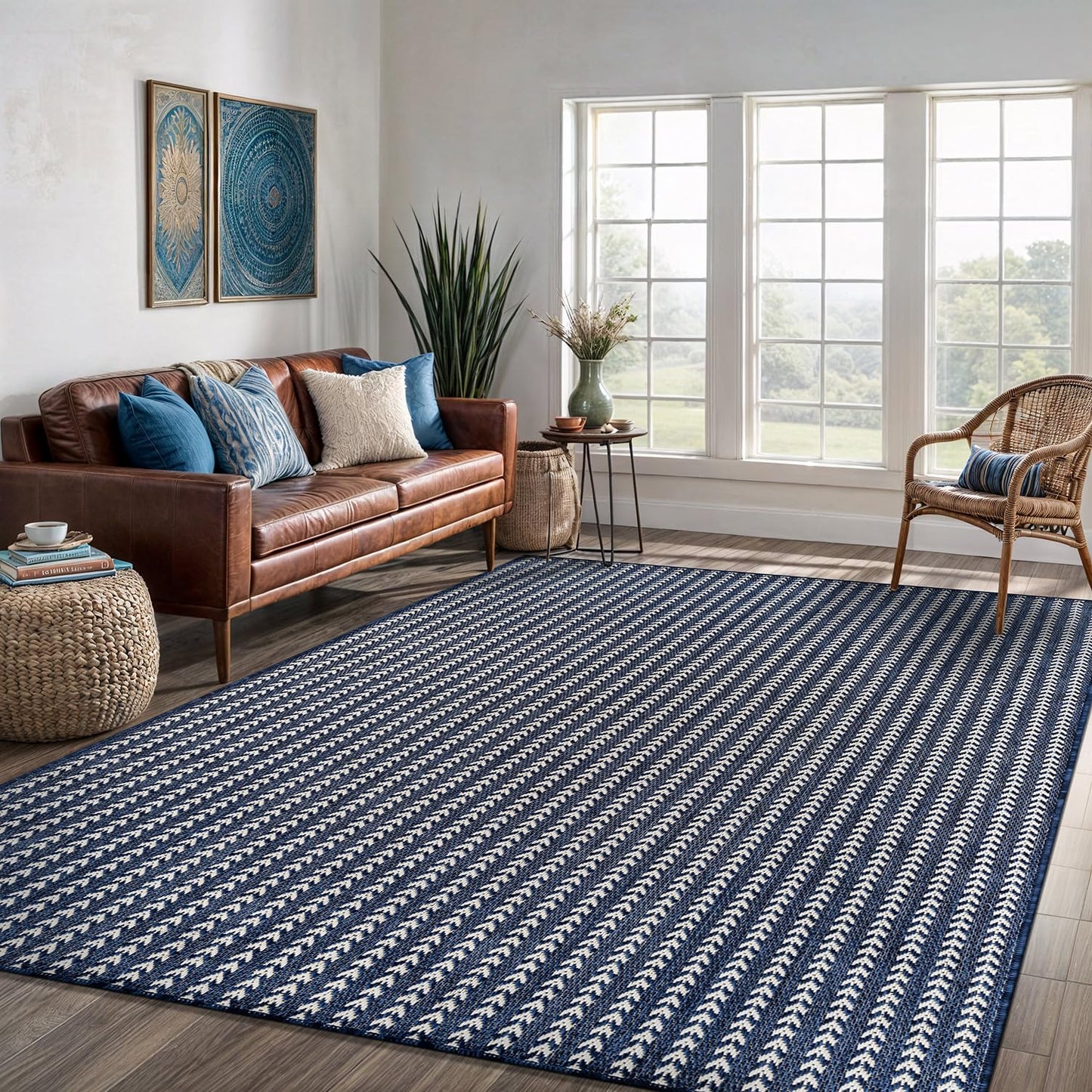 Washable Outdoor Rug 8x10 Modern Area Rugs Outdoor Carpets Striped Pattern Non Shedding Waterproof Easy Clean Patio Deck Porch Living Room Bedroom Garden RV (8 X 10 Navy)