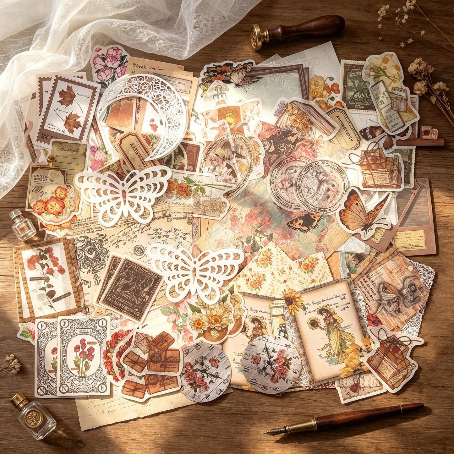 Npcswxq 200Pcs Vintage Scrapbook Paper Sticker Kit, Nature Flowrs Scrapbooking Decals for Junk Journal Supplies Card Making Stationery Album, Collage, Planner, Gift Wrapping Craft