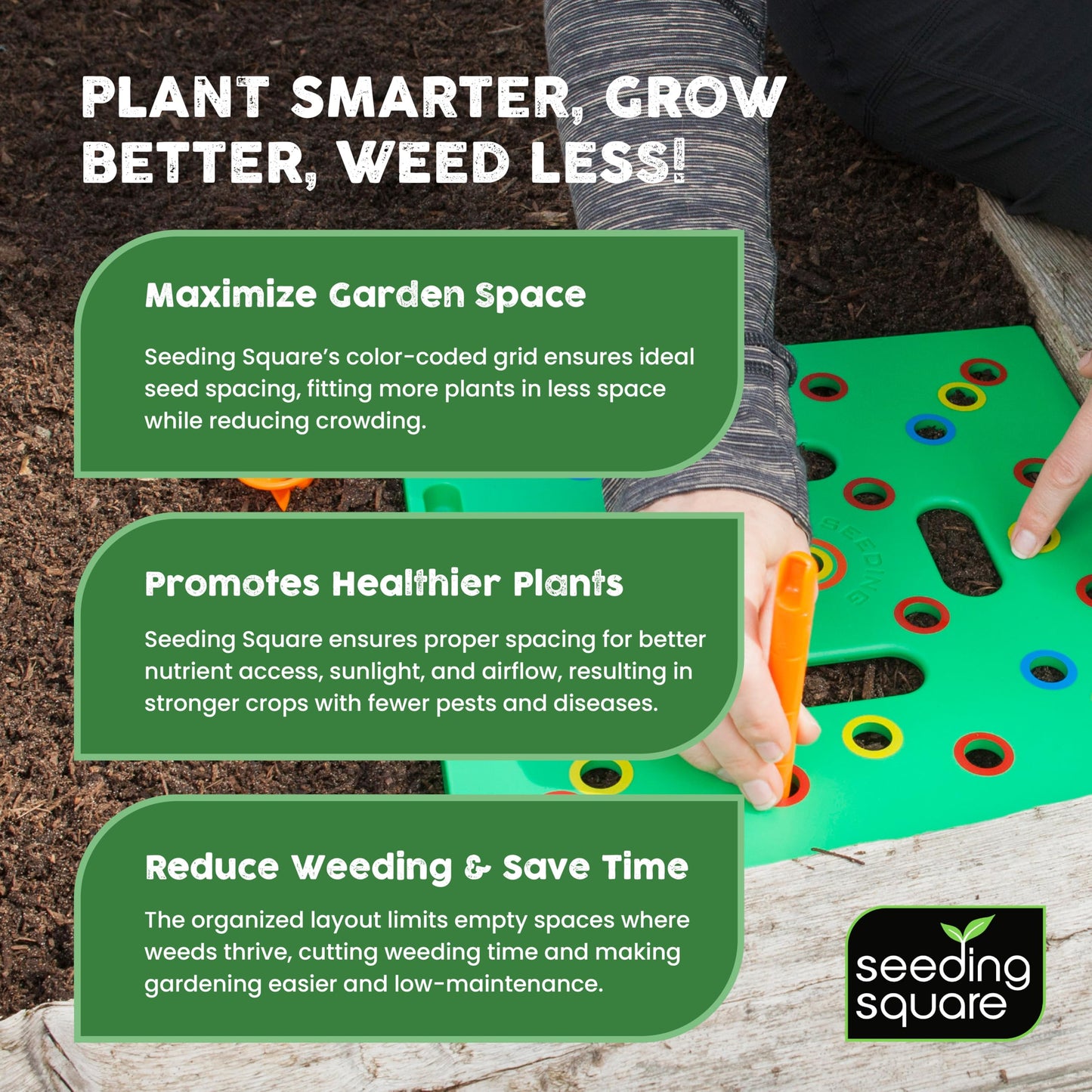 Seeding Square - Patented Seed and Seedling Spacer Tool for Bigger Harvests, Organized Plants & Fewer Weeds – Color-Coded Gardening Template with Dibber, Seed Spoon, Ruler & Planting Guide
