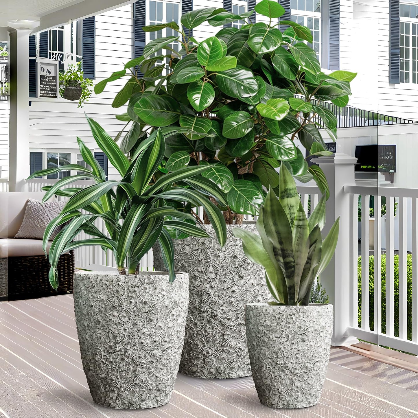 ShangDemonMaster Craft flowerpots 16"+12"+10" Dia Round Concrete Planter Set of 3 Large Outdoor/Indoor Planter Pots Containers with Drainage Holes and Rubber Plug for Home Garden (Grey, Large)