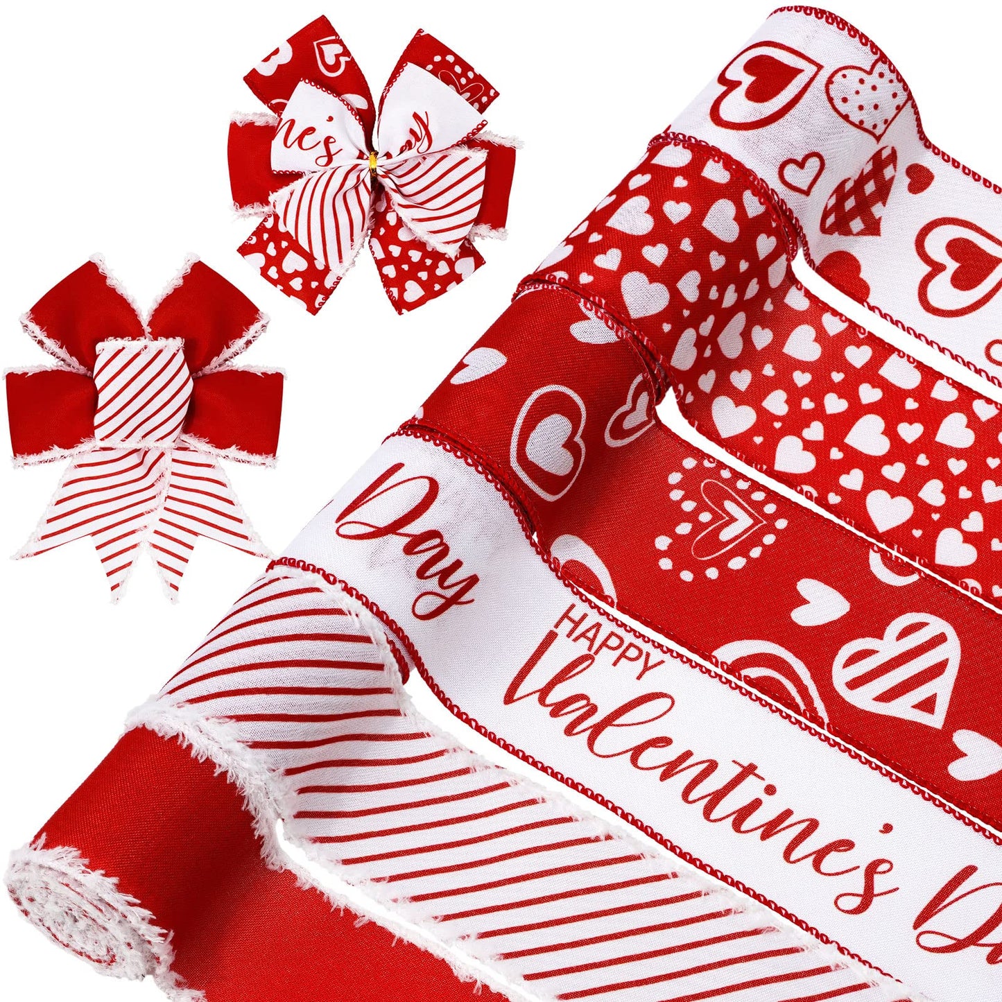 Whaline 36 Yard Happy Valentine's Day Wired Edge Ribbon Red White Love Hearts Craft Ribbon with Burr Wedding Fabric Wrapping Ribbon for Anniversary Wreath Bow Making DIY Crafts Supplies, 6 Roll