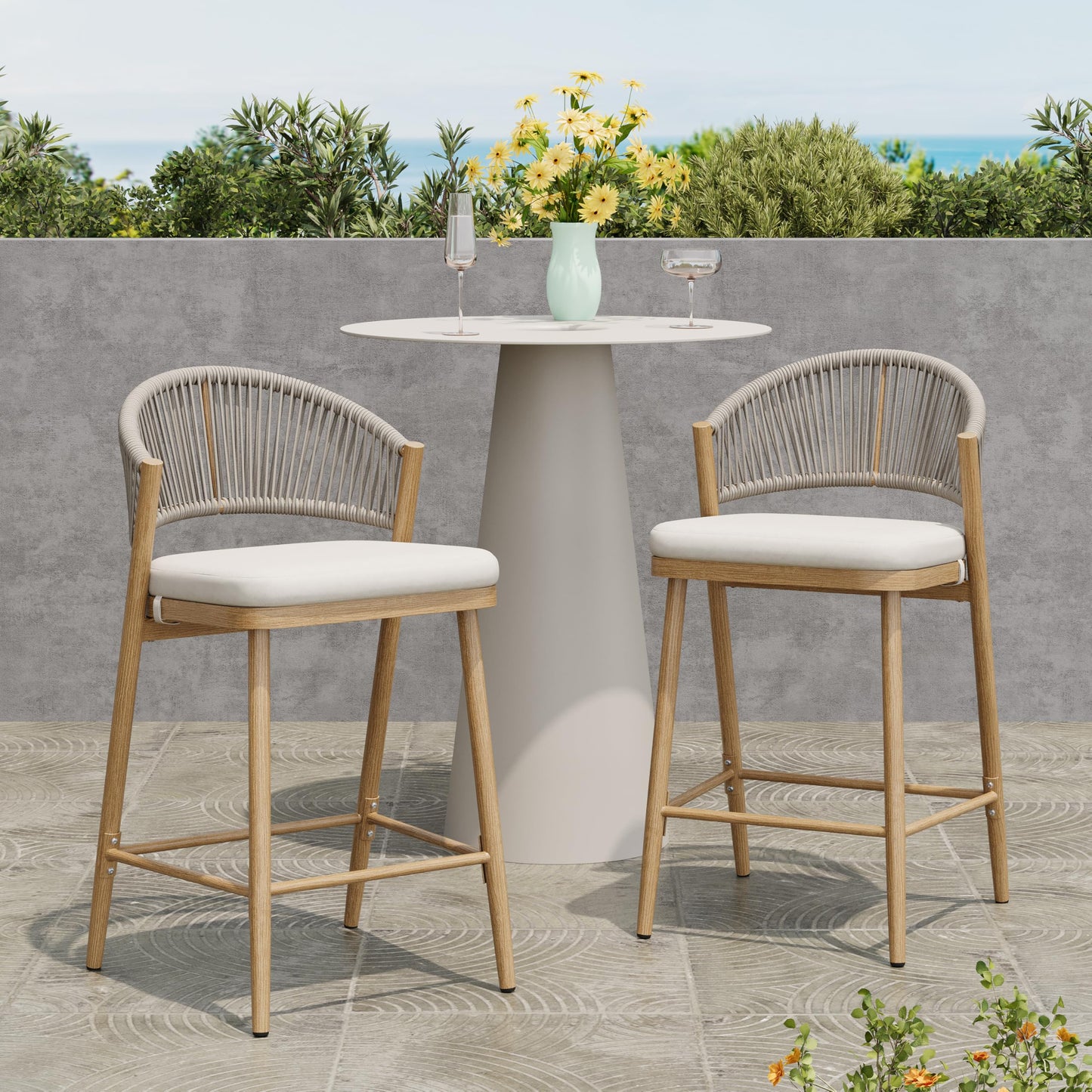 Christopher Knight Home Hearth 26.00" Patio Barstools Set of 2, Woven Wicker Counter Stool, Aluminum Frame Barstool, PE Rattan Scallop-Shape Backrest Woodlike Stool for Backyard Balcony Garden, Maple