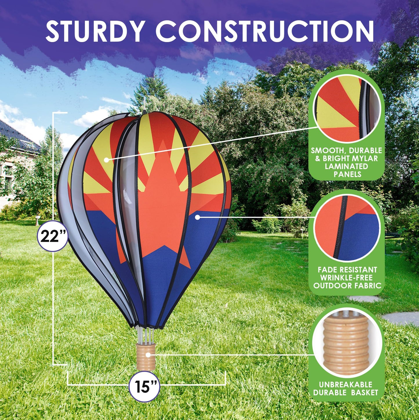 Hot Air Balloon Hanging Garden Spinner 22" - Vibrant Arizona Design, Weather-Resistant Outdoor Decor, Durable & Lightweight for Patios, Yards, and Gardens - Eye-Catching Wind Spinner