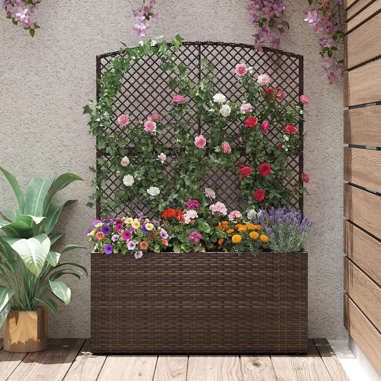 Happygrill Raised Garden Bed with Trellis, 58" Wicker Planter Box with Privacy Screen, Liner, Drainage for Patio Balcony, Outdoor PE Rattan Elevated Garden Bed for Climbing Plant Vine Flower (Brown,1)