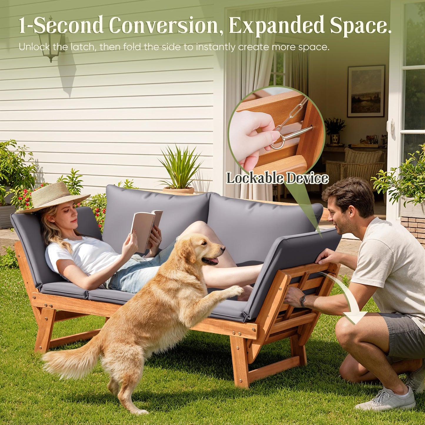 Flamaker Outdoor Couch with Adjustable Armrests, Acacia Wood Patio Loveseat with Soft Cushions, Convertible Patio Furniture for Balcony, Porch, Backyard (Grey)