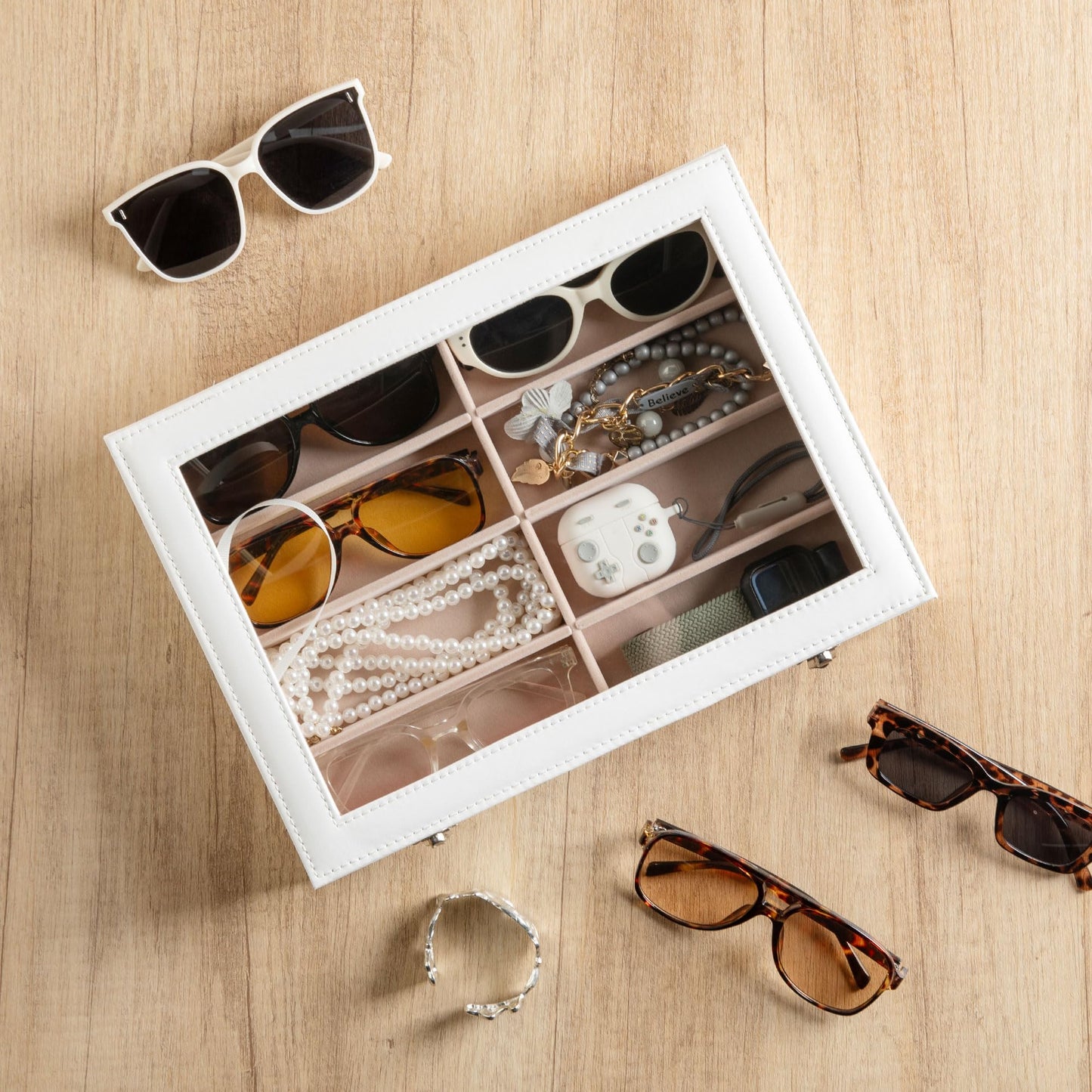 Frebeauty Sunglass Organizer,PU Leather Glasses Organizer,8-Slot Sunglasses Tray with Clear Lid,Men's/Women's Sunglasses Box,Sunglass Case,13.3x9.65x2.48 Inches,Eyeglass/Eyewear Display Tray(White)