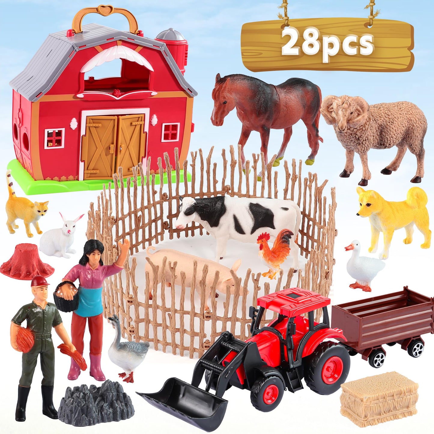 EnAuRoL Red Barn Farm Animals Toys, 28PCS Animals Figures and Farm Tractor Playset, Educational Learning Toys for Toddlers and Kids 3 4 5 Year Old Boys and Girls Birthday Festival Gift