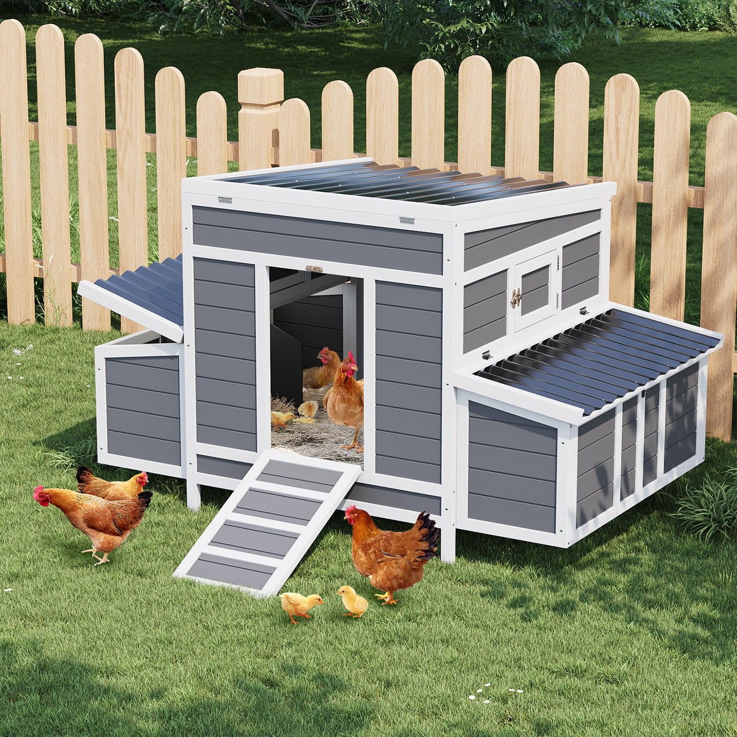 Wooden Chicken Coop, Large Chicken Coop for 4-6 Chickens, with 6 Nesting Boxes, Outdoor Poultry Cage Rabbit Cage with Ramps & Tray, 54.41" x 34.49" x 34.05"