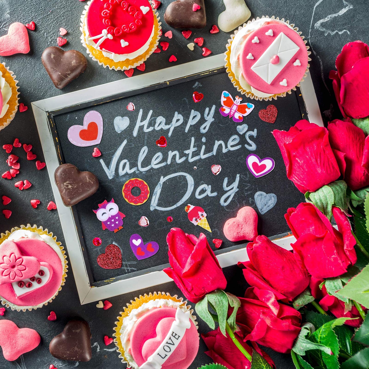 Winlyn Assorted Valentine's Day Stickers Embellishments Craft Smile Face Heart Cupcake Owl Sweet Shaped Cutouts Glitter Heart Felt Foam Stickers Easy to Peel Off for Kids Scrapbooking Cards Decoration