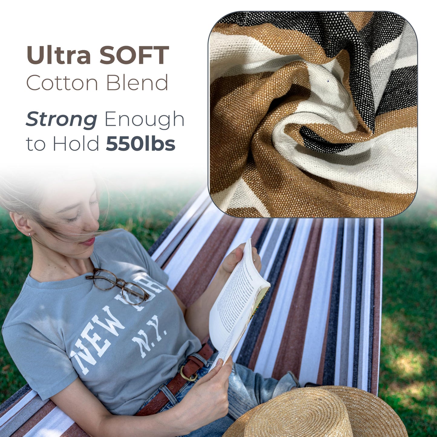 Backyard Expressions Double Camping Hammock with Steel Stand & Carrying Bag, Adjustable Height, Ultra Soft Cotton Blend, 550 lb Capacity, Indoor & Outdoor Portable Hammock