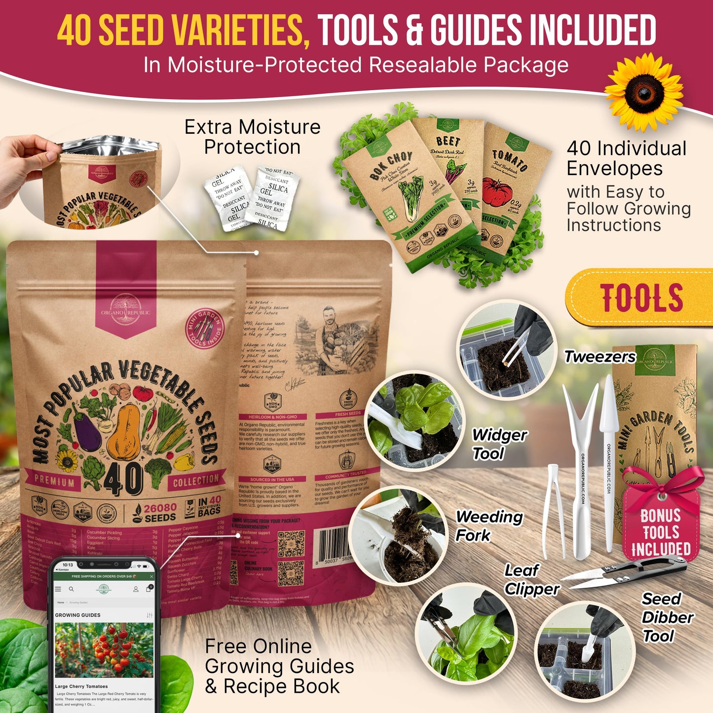 Organo Republic 40 Vegetable Seeds Variety Pack - 26000 Non GMO Heirloom Seeds for Planting Vegetables & Fruits in Bulk Individual Seed Packets, Home Garden Seeds for Hydroponic, Indoor & Outdoors