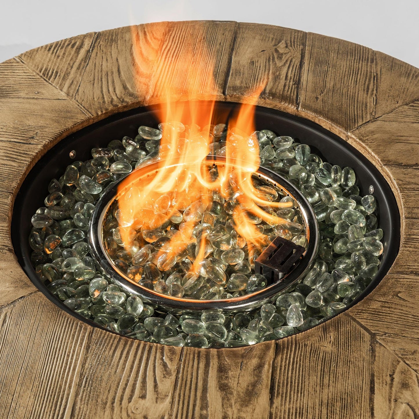 GDFStudio 30" Round Propane Fire Pit Table, 50000 BTU Outdoor Gas Heater with Faux Wood Grain Top & Glass Beads, for Patio Deck Garden Backyard, Black