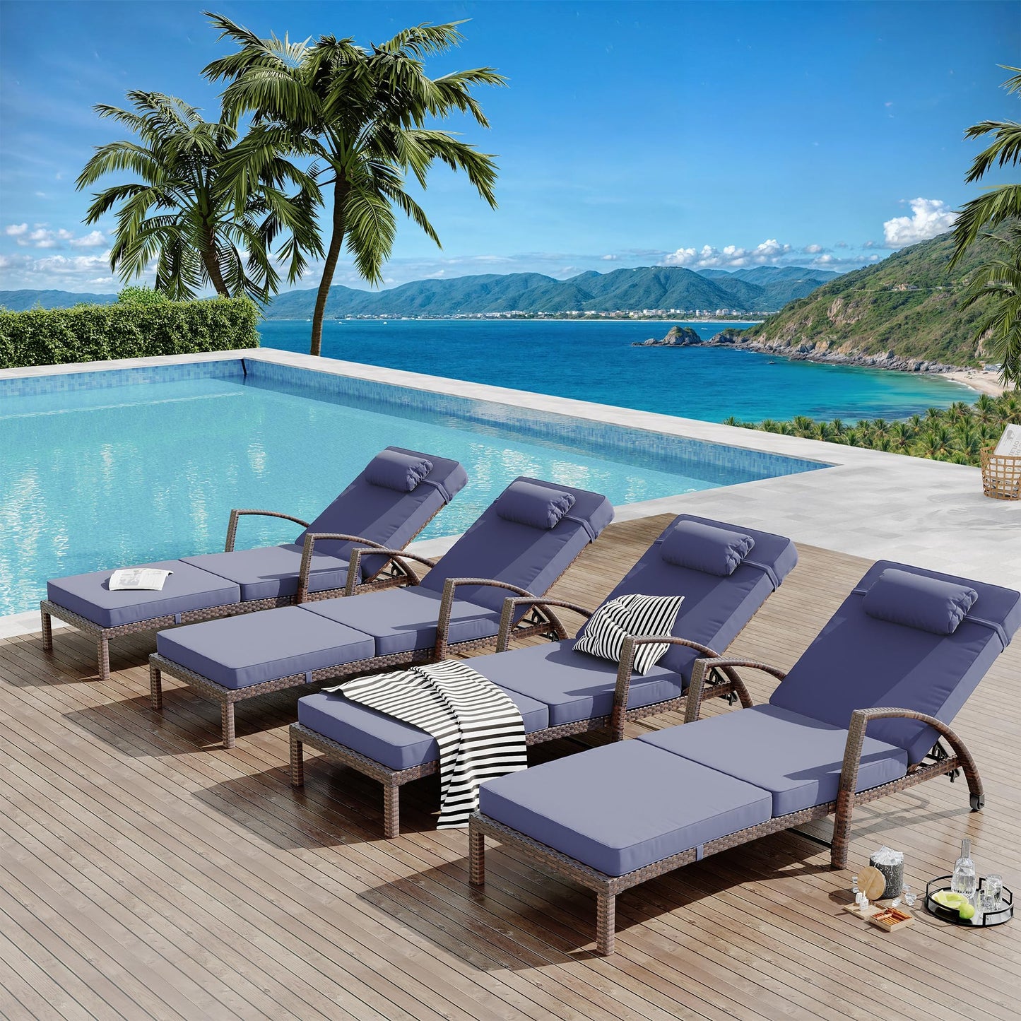 Set of 2 Chaise Lounge Chairs Outdoor, PE Rattan Wicker Poolside Recliners with 5-Position Adjustable Backrest, Blue Cushions, Armrests and Wheels, Patio and Garden Furniture for Beach and Backyard