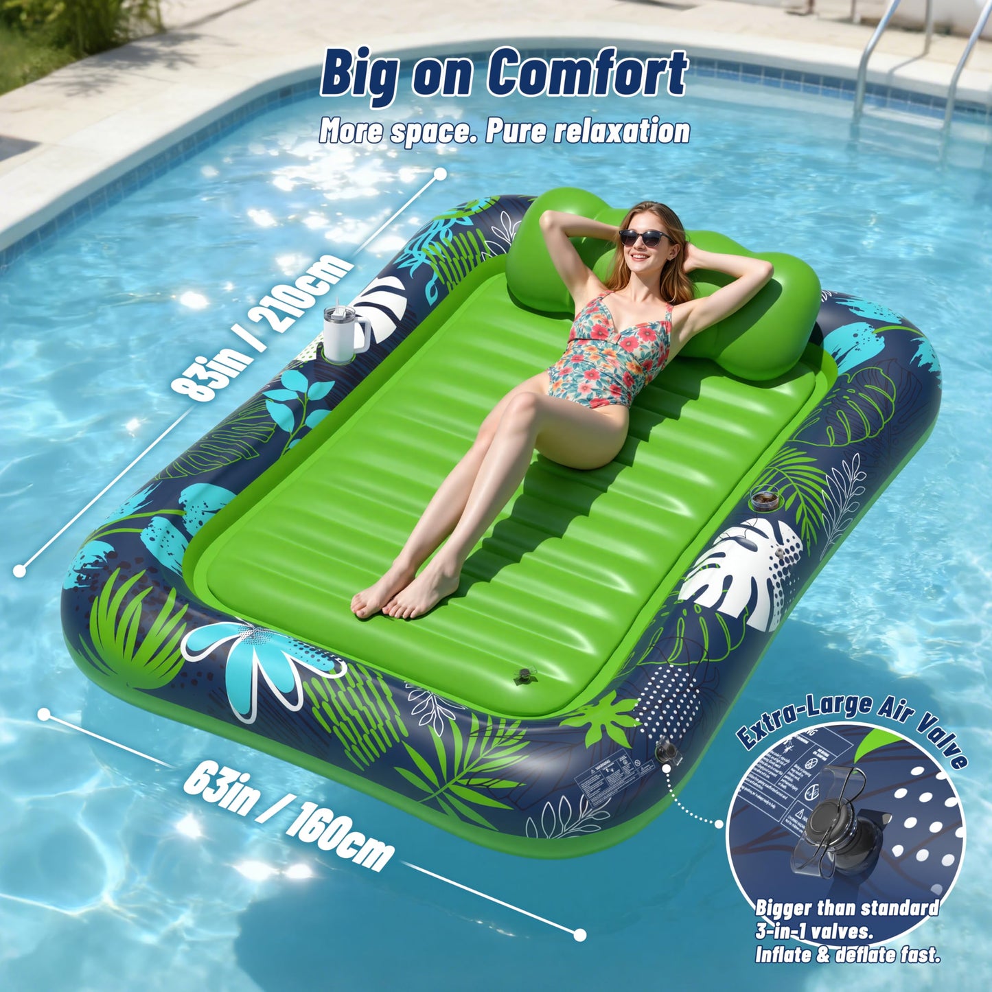JOSEN Inflatable Tanning Pool Lounger Float with Sprinkler, XXL Large Pool Floats Adult Heavy Duty 83" x 63", Suntan Tub Water Pool Lounge Rafts, River Lake Floaties Water Floats with Cup Holders
