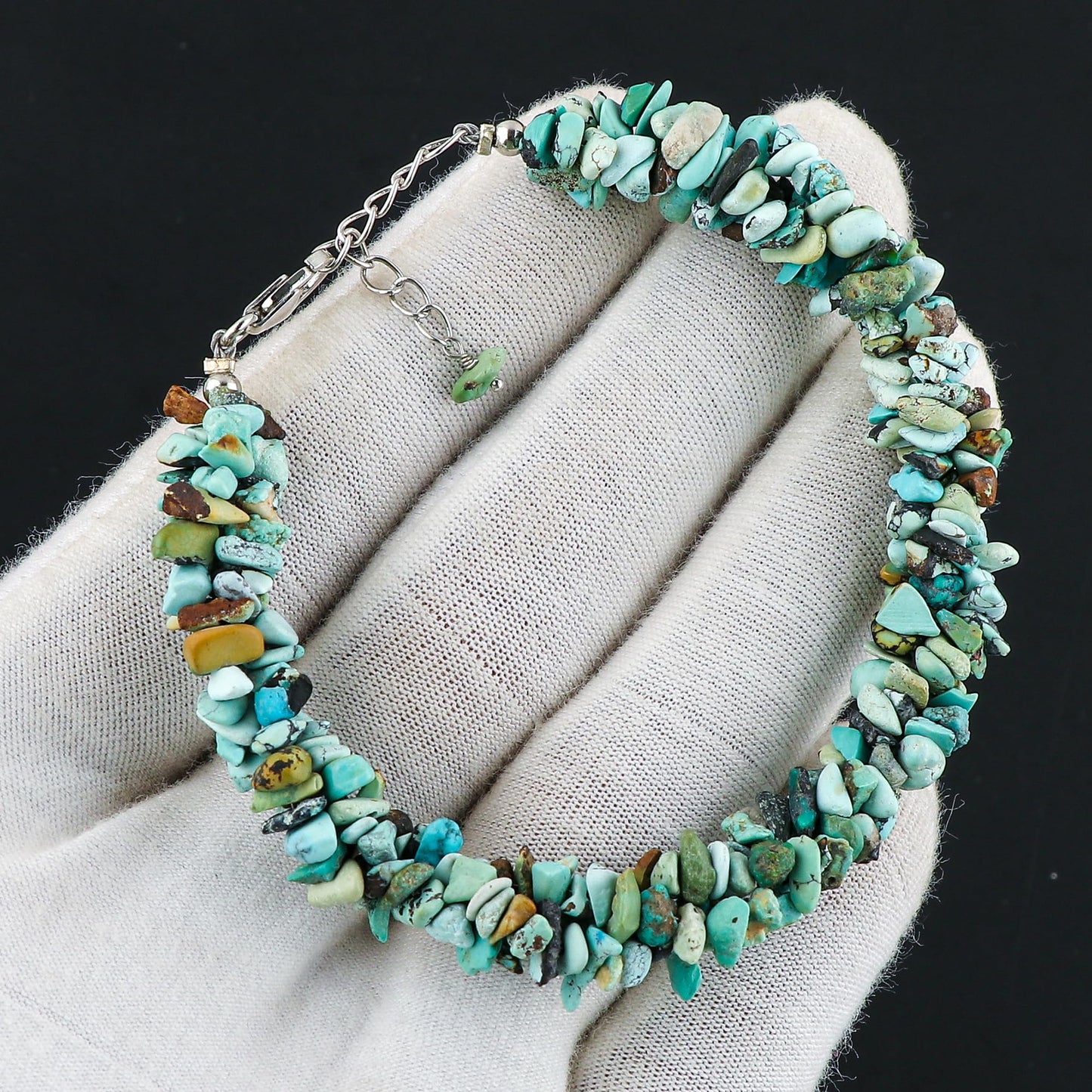 CRYSTALIS Natural Turquoise Beads Braided Rope Bracelet, Chips Nuggets Beaded Gemstones, Chakra Healing Stones, Gift Giving Womens Jewelry, 925 Sterling Silver Bracelet 8 inch