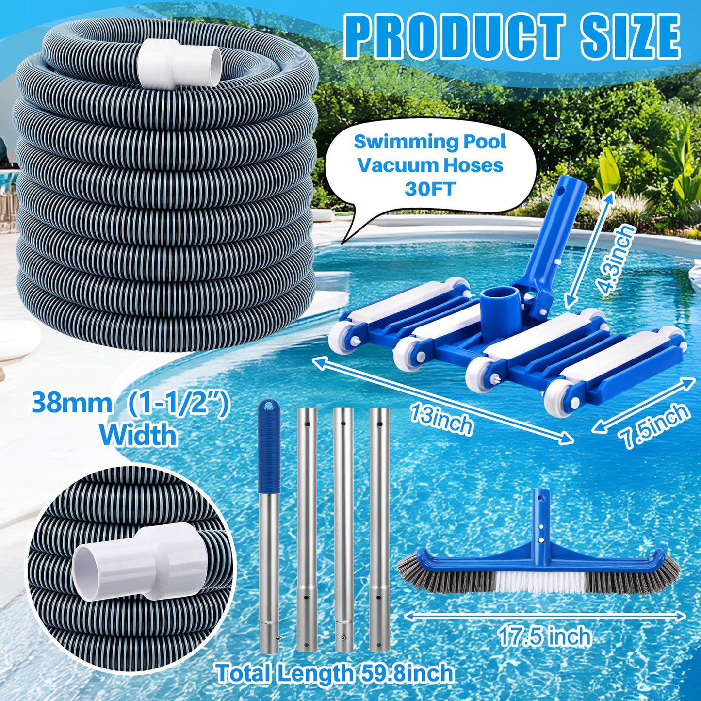 Innconee 4 Pcs Swimming Pool Cleaning Kit Including Pool Vacuum Head with 1-1/2" x 30 ft Hoses Flexible Head with Wheels and Pole 14 '' Cleaning Brush for Inground Above Ground Swimming Supplies