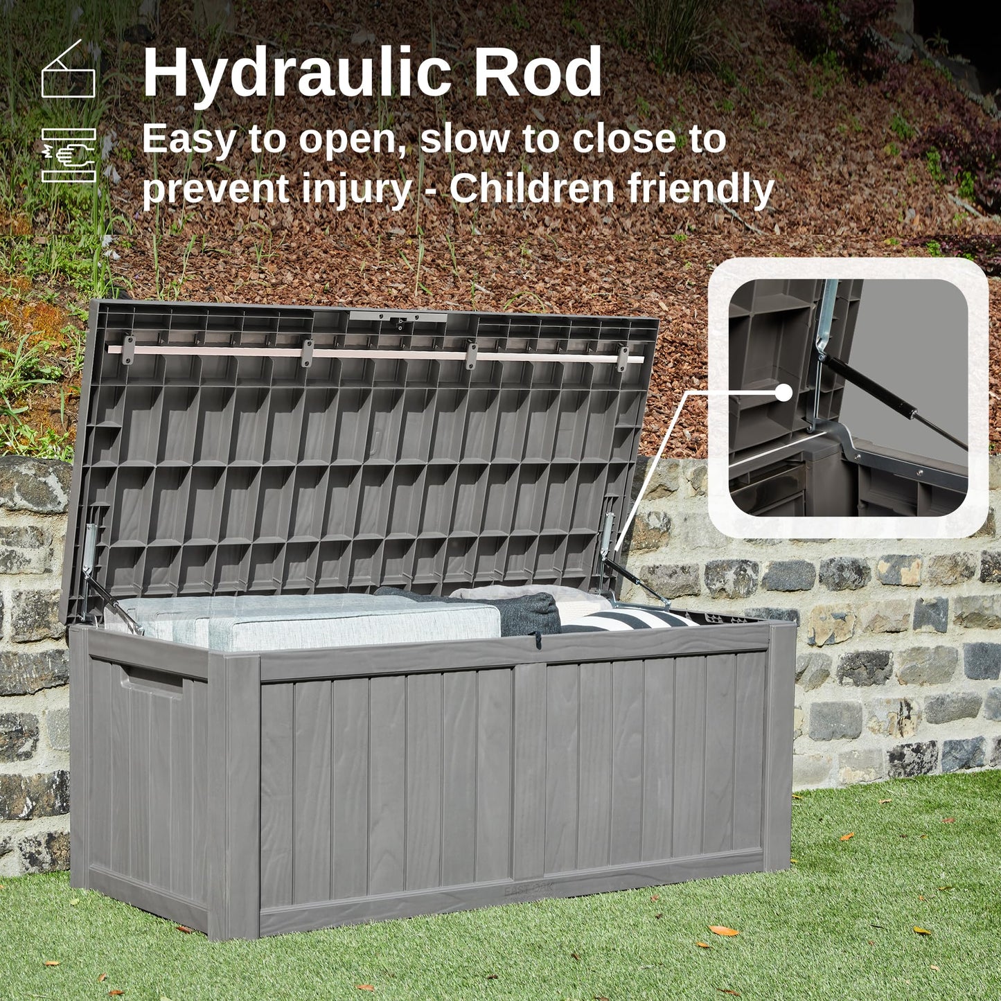 EAST OAK Outdoor Storage Box, 120 Gallon Deck Box with Stainless Steel Rods Large Resin Storage Bin for Patio Cushions, Garden Tools, Waterproof and UV Resistant, Lockable, Grey