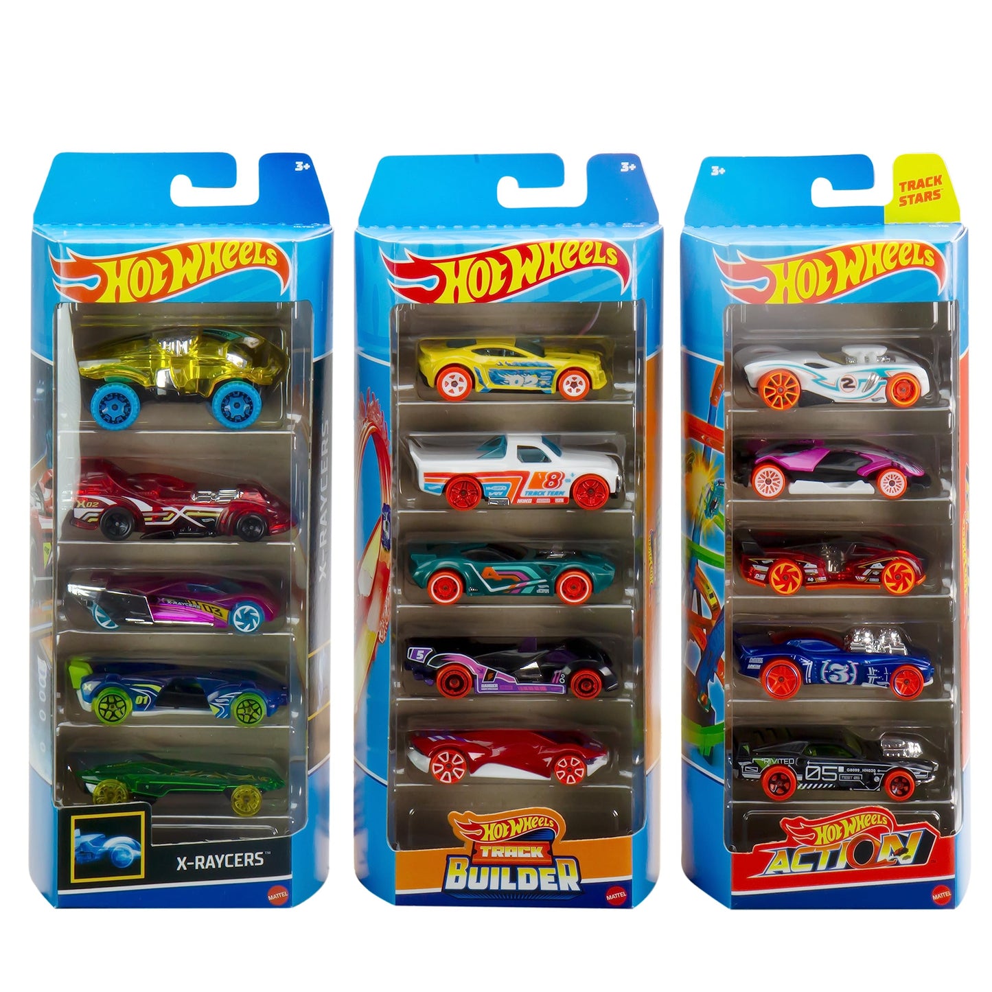 Hot Wheels Toy Cars & Trucks, Track Bundle Set of 15, 3 Different Track-Themed Packs of 5 1:64 Scale Vehicles for Collectors & Kids