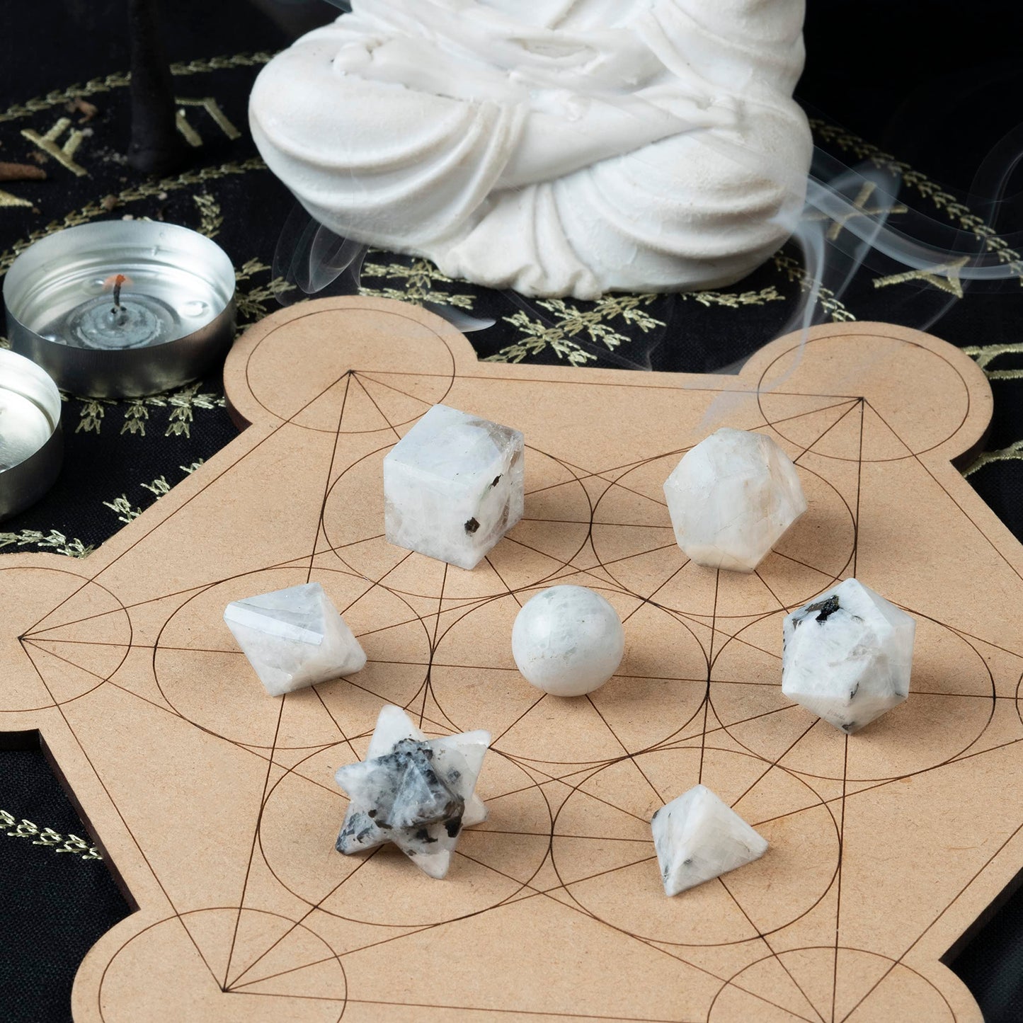 ZAICUS Rainbow Moonstone 7 Pcs Platonic Solids Crystal Geometry Set, Platonic Solids Sacred Geometric Stones for Meditation Healing Chakra Stone Cleansing Spiritual Good Luck (15-20 mm)