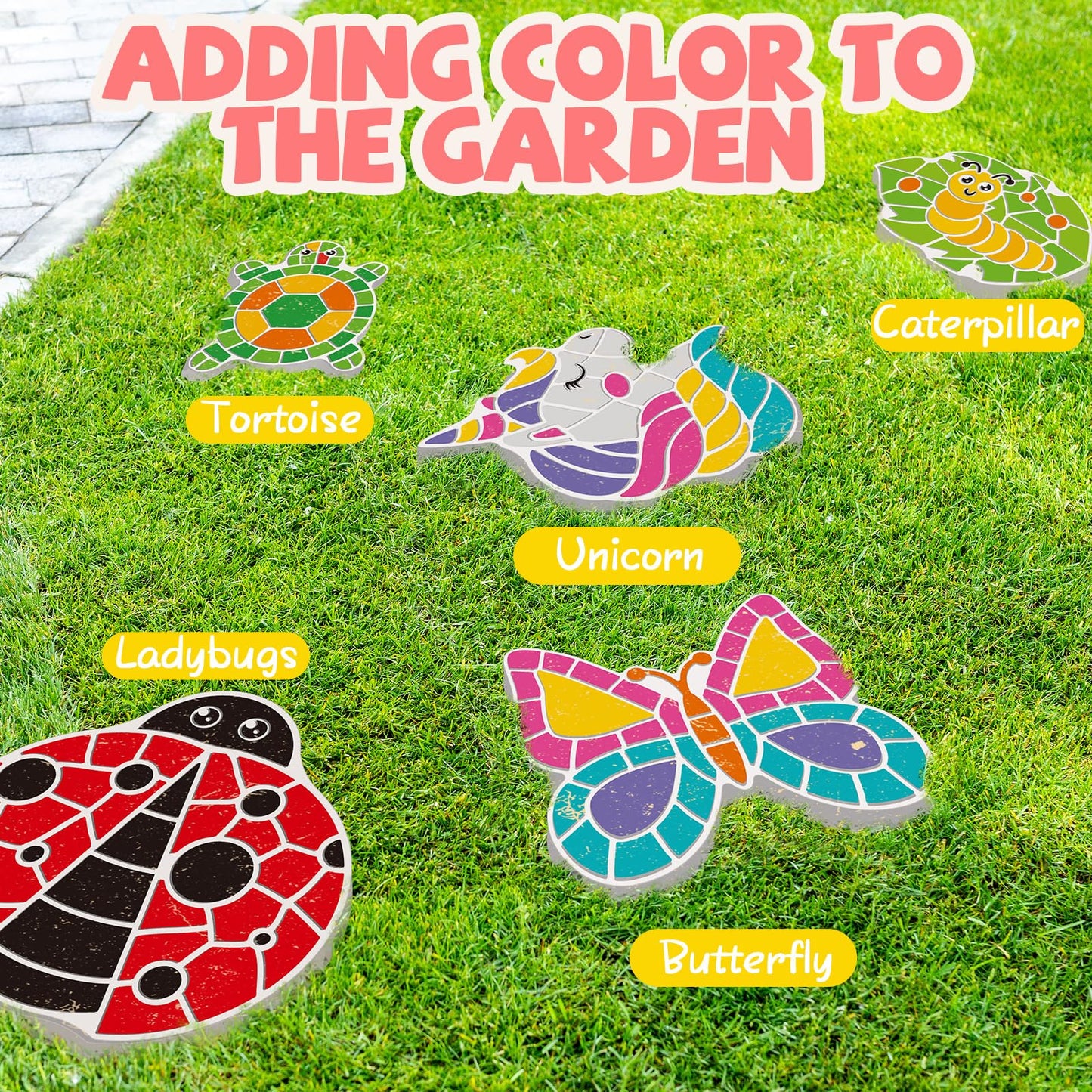 Hdsahdok Stepping Stones Painting Kit for Kids Ages 4-12 - 5 Pack Paint Your Own Garden Stones with Butterfly, Unicorn & Ladybug Designs, Outdoor Art & Craft Activity Set, Summer Craft Kit for Kids