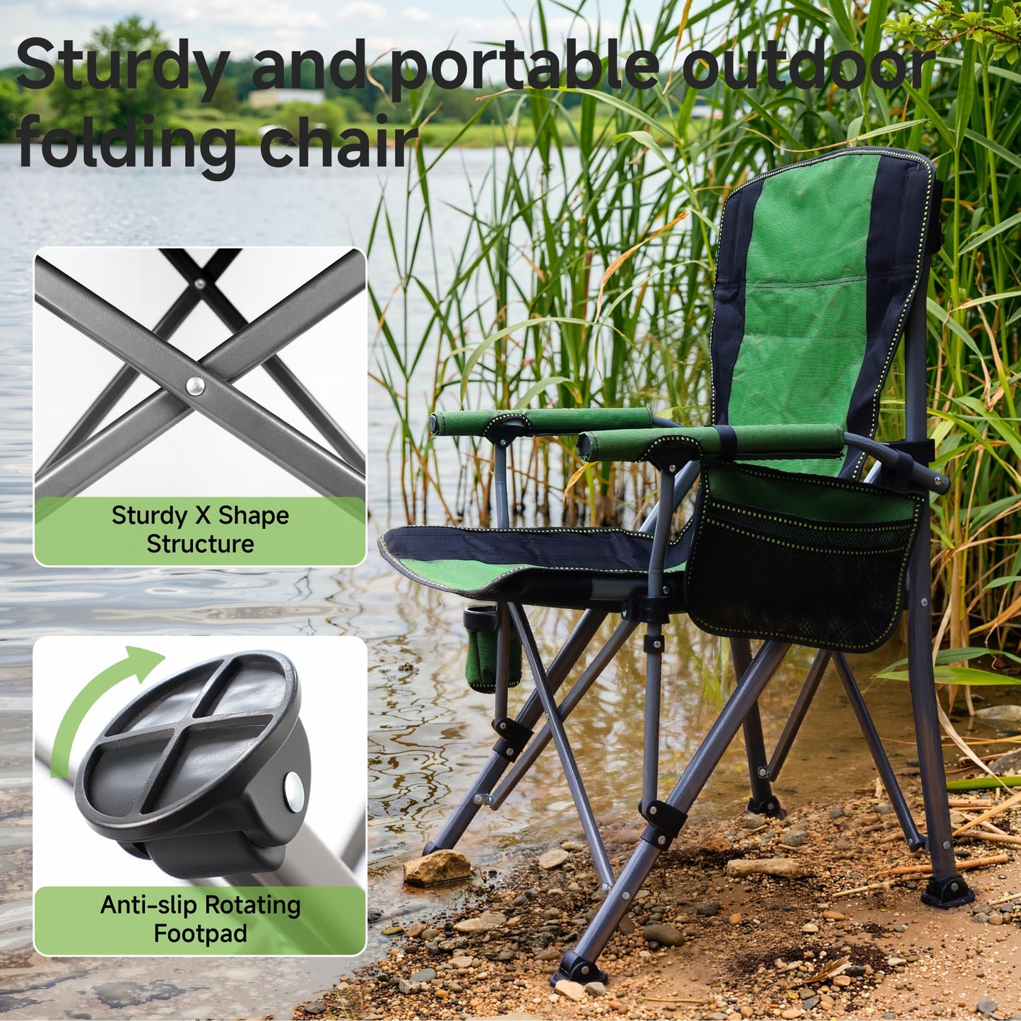 Anmiro Folding Camping Chair with Cup Holder and Storage Bag, Heavy Duty Support 400 LBS, Oversized Collapsible Portable Camping Chair for Outdoor Camp, Picnic, Travel, Fishing Green