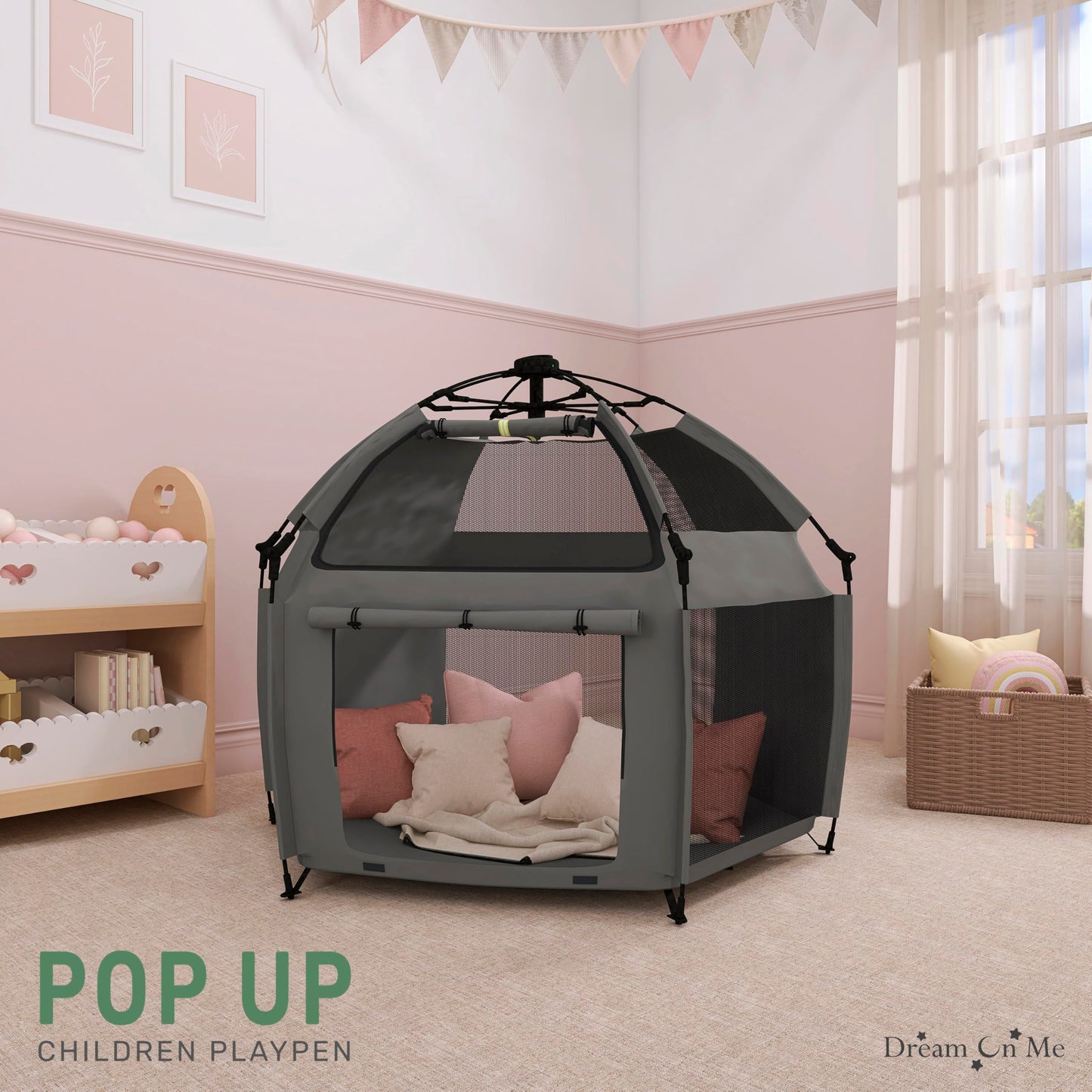 Dream On Me Pop-Up Children Playpen, Instant One-Hand Open & Fold, Breathable Mesh Sides, Zipper Security Gate & Travel Carry Bag, Compact Indoor/Outdoor Baby Play Yard with Canopy - Charcoal