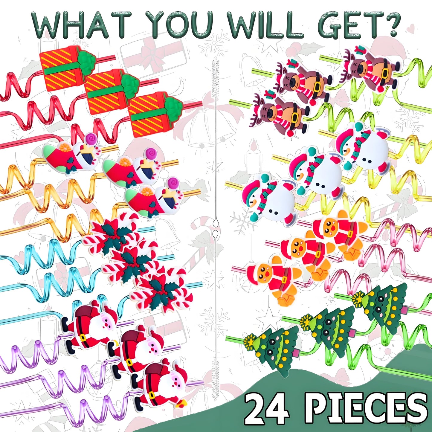 LEDUO 24 Christmas Party Favors Drinking Straws-Holiday Party Supplies-Reusable Xmas Santa Snowflakes Snowman Claus Reindeer Plastic Straw with Cartoon Decoration School Party Favors for Kids New Year