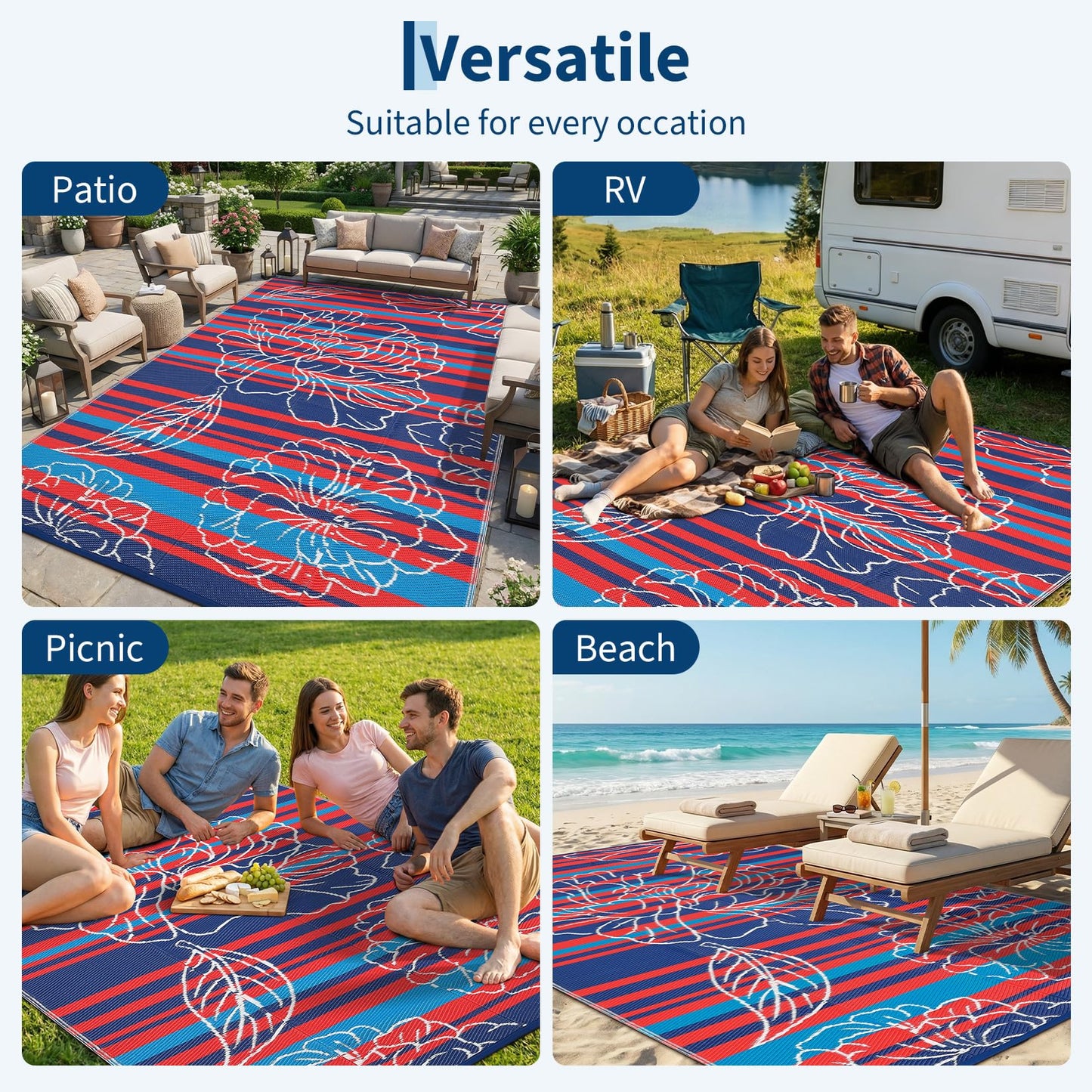 Garvee 5x8 Outdoor Waterproof Rug, Floral Outdoor Area Rug，Reversible Plastic Straw Patio Rug, Portable Camping Mat for RV, Picnic, Beach, Balcony, Garden & Camping Red&Navy