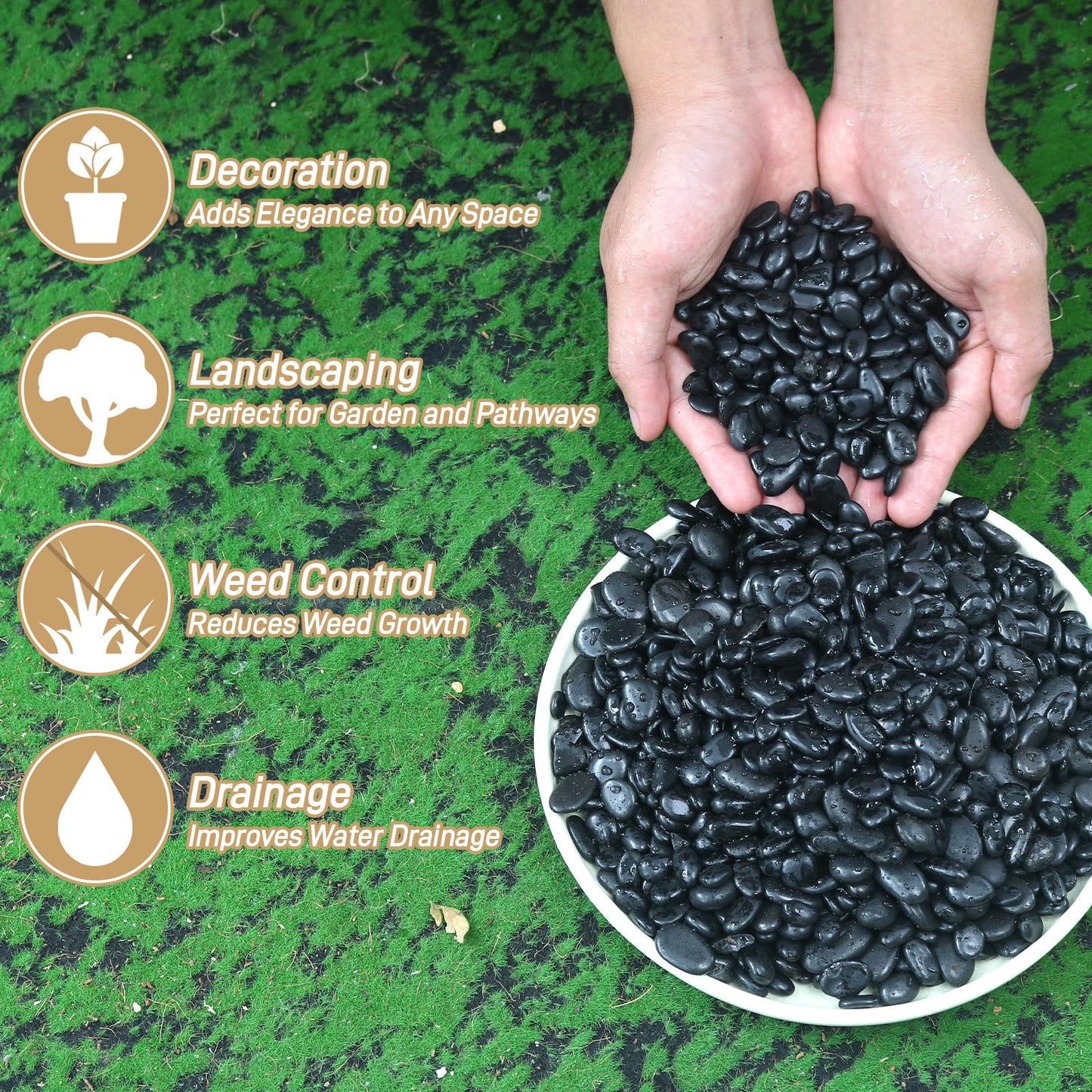 Mulctun 6lb Black Rocks for Planters- 1/4" - 3/4" Polished Black Stones Smooth Flat Pebbles for Fish Tanks Decorative River Rocks for Vases Bonsai Pots Garden Stones for Landscaping and Yards