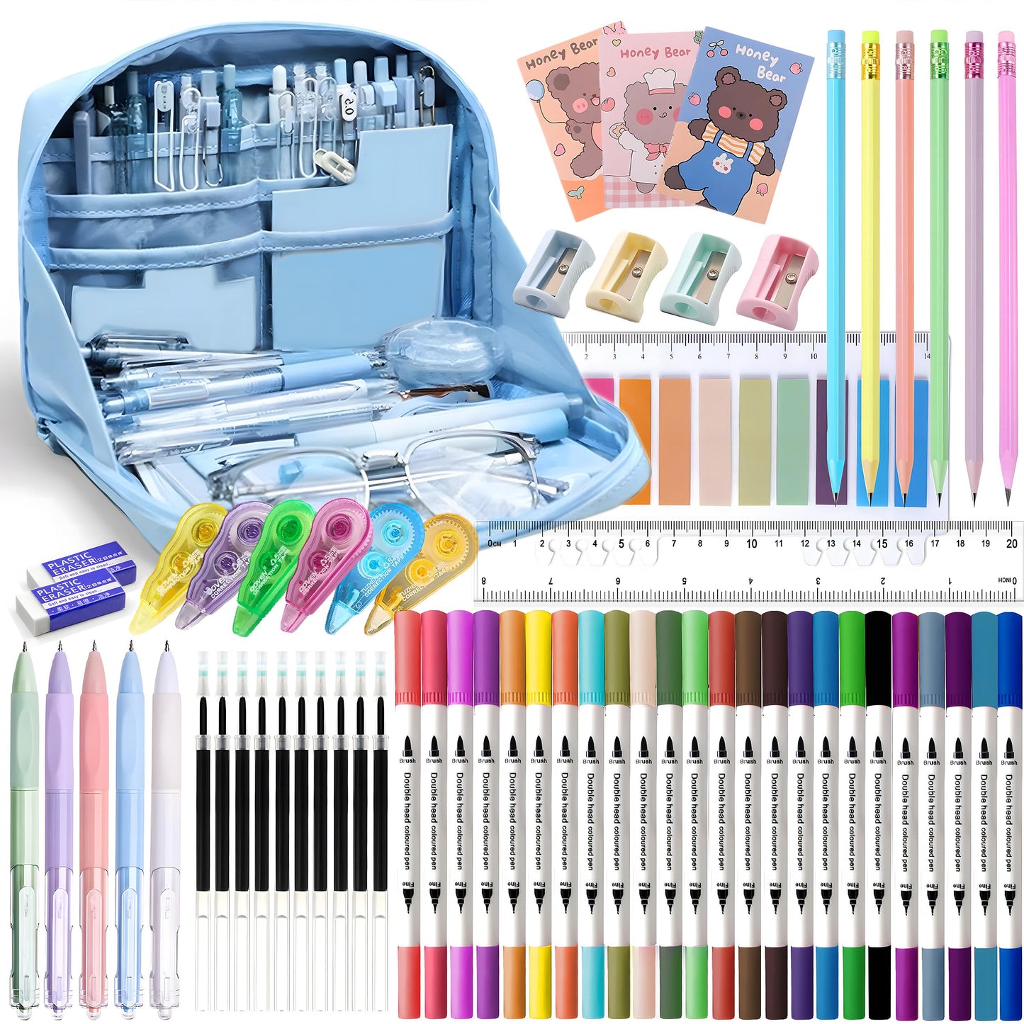 Ristpal 56 PCS Aesthetic School Supplies with Large Pencil Case, 24 Double Brush Marker Pens, 5 Black Ink Gel Pens, 6 Macaron Pencils, 4 Sharpeners, Sticky Notes, Ruler, Erasers, Stationery Gift
