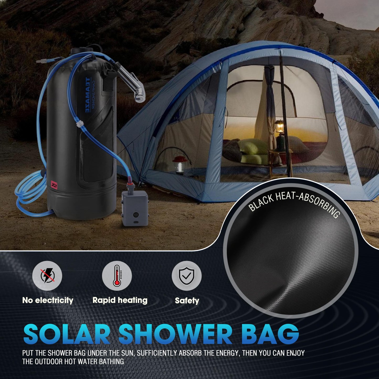 Teamaze Camping Shower,12L Portable Camp Shower Bag with Upgraded Screw Lid, Auto Pressure Pump, Solar Shower, Camping Shower Head for Beach Camping, Hiking, Traveling, Washing