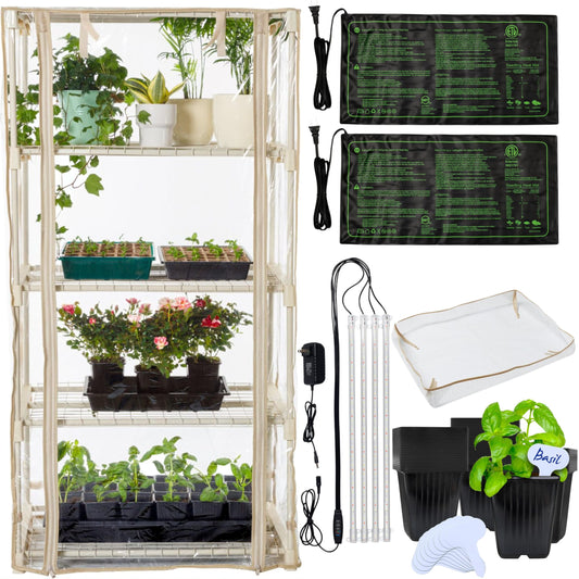 Carpathen Indoor Greenhouse with Grow Lights and 60 Nursery Pots Pack - 4 Tiers 27.2" L x 19.3" W x 54" H with 2 Dimmable 15W Full Spectrum LED Light Strips and Spectrum Control and Heat Mat