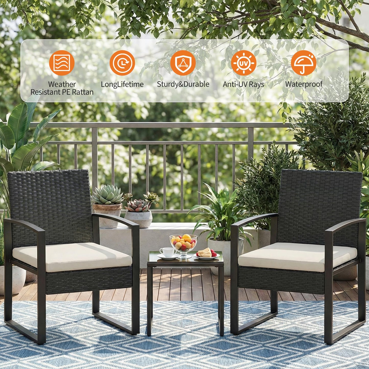 Garvee 3 Pieces Patio Bistro Set, PE Rattan Patio Conversation Set with Tempered Glass Coffee Table, Outdoor Wicker Furniture for Patio Garden Balcony Backyard, Black and Beige