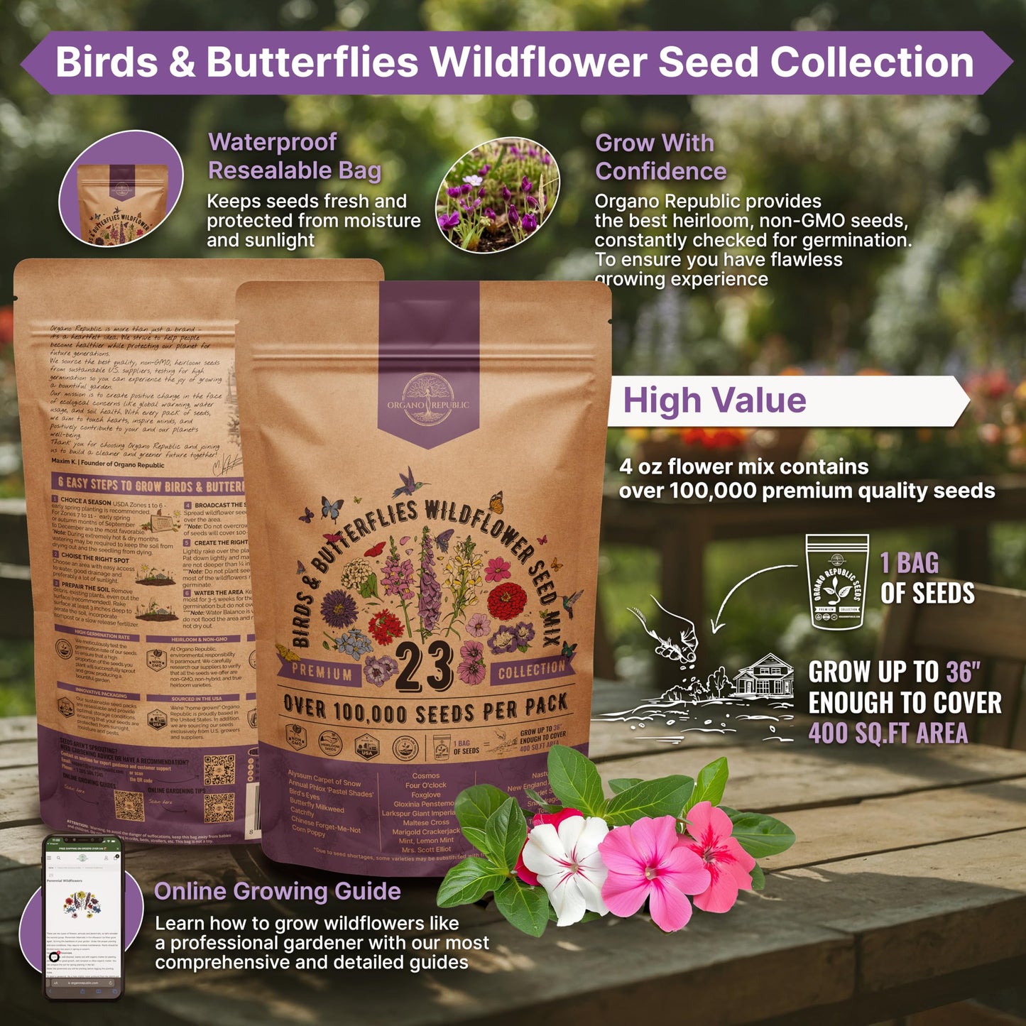 Organo Republic 23 Wildflower Seeds Annual & Perennial Mix for Indoor & Outdoors, Attract Birds & Butterflies 100,000+ Non-GMO, Heirloom Garden Seeds, 4oz Packet for Growing Wild Flowers