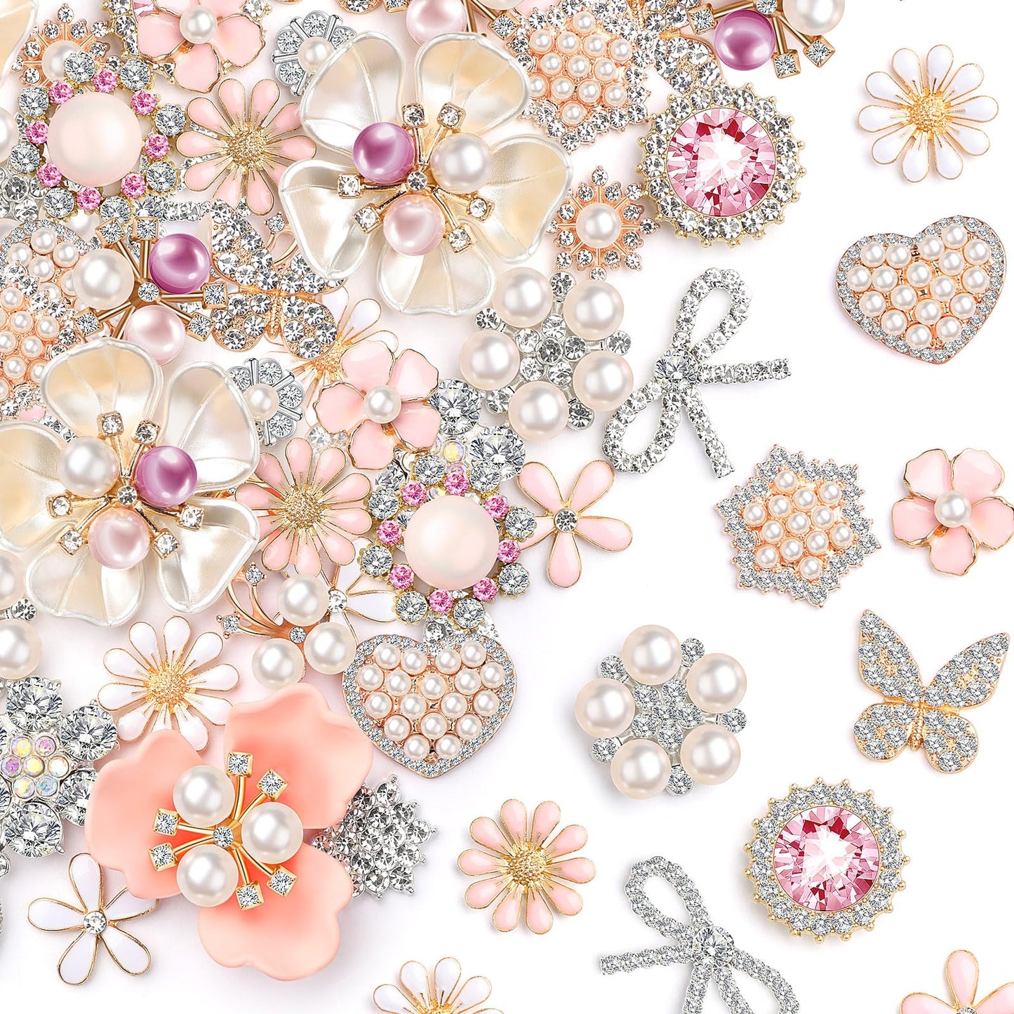 Giegxin 48 Pcs Rhinestone Buttons for Crafts Clothes Faux Pearl Embellishments Pink Butterfly Rhinestone Flower Buttons Vintage Women Pearl Brooch for Jewelry Making, DIY, Bags Shoes Supplies