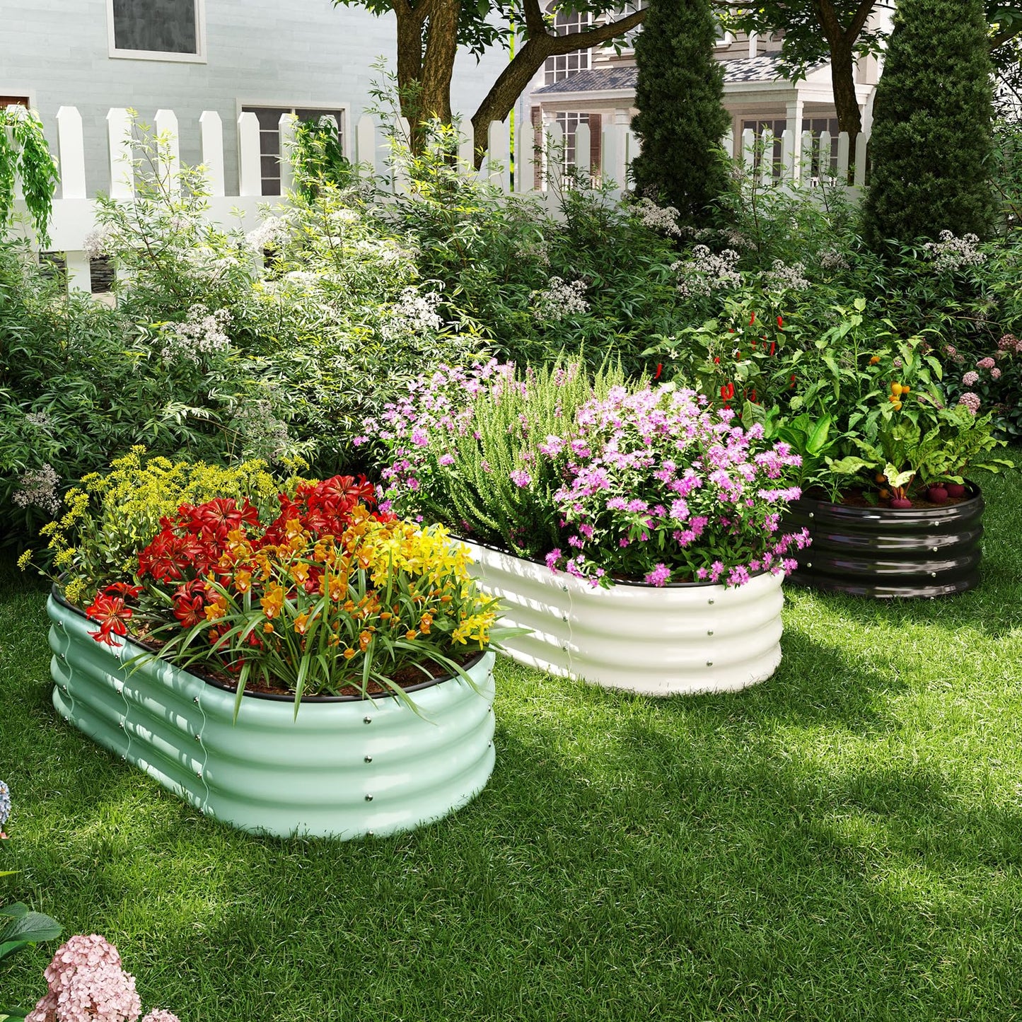 ZFHgarden Galvanized Metal Planter Round Raised Garden Bed Kit for Gardening Outdoor，2x2x1ft Grow Garden Box Raised Flower Bed，Round Galvanized Planter Outdoor Metal Fire Pit Ring Green