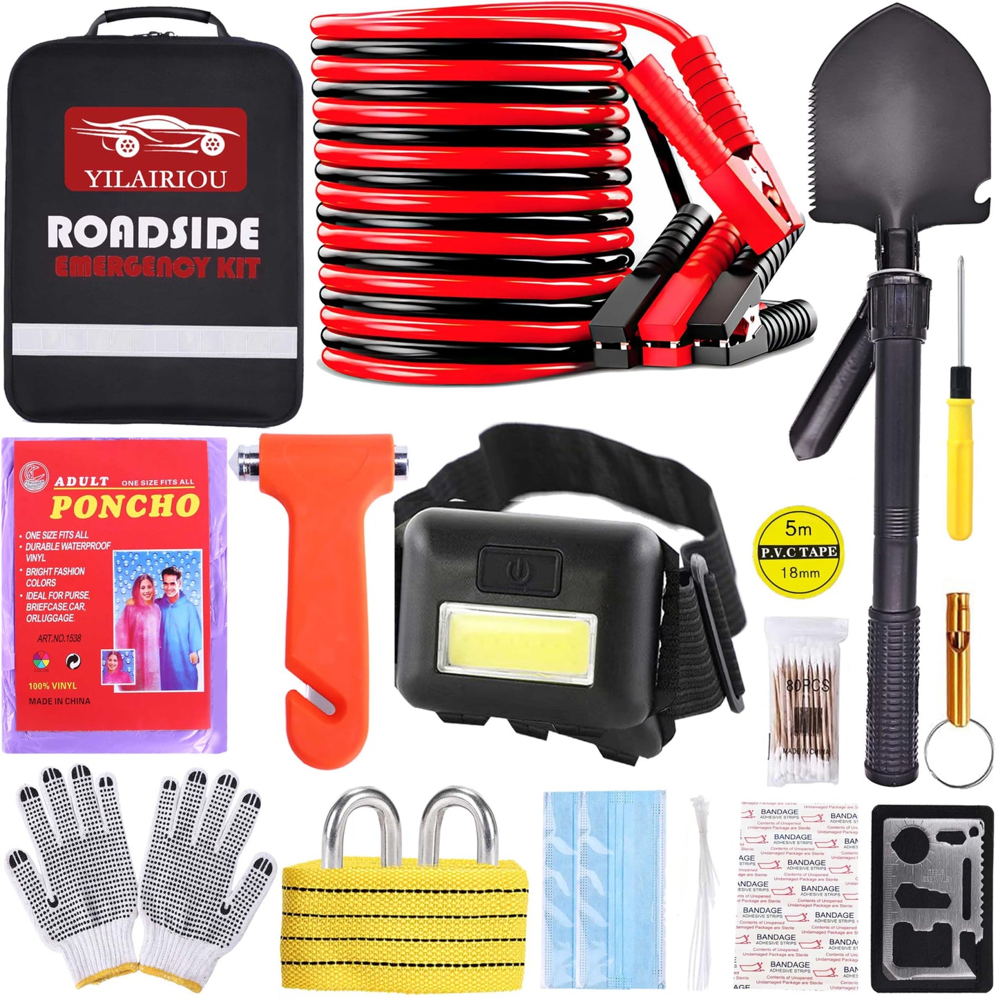 Emergency Car Kit - Premium Roadside Assistance Kit for Cars with Jumper Cables, Headlamp, Folding Shovel & Tow Strap All-in-One Vehicle Safety Kits for Winter, Travel, Survival (Men & Women)