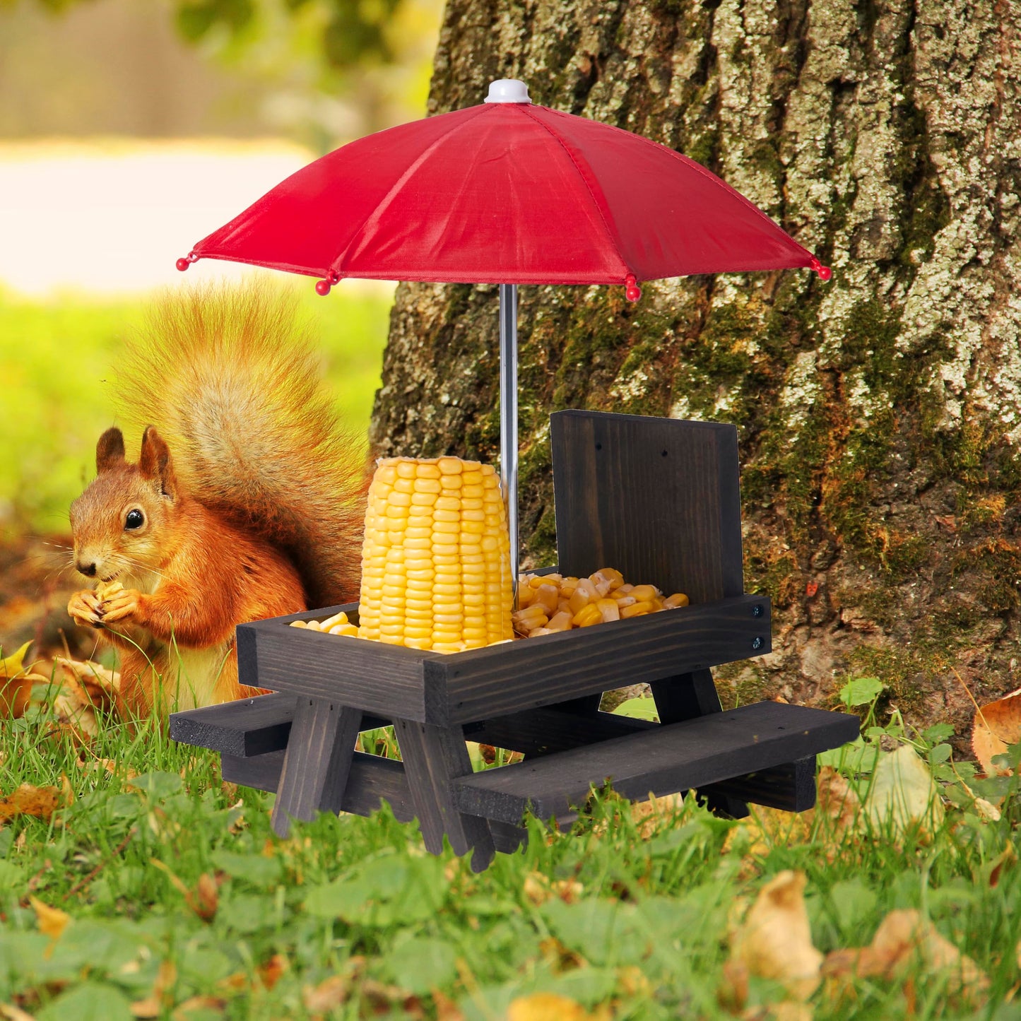 Squirrel Feeder Picnic Table, Squirrel Feeders for Outside with Umbrella and Flag, Black Wood Squirrel Feeder with Corn Cob Holder Cute Chipmunk Feeder for Yard and Porch Decoration