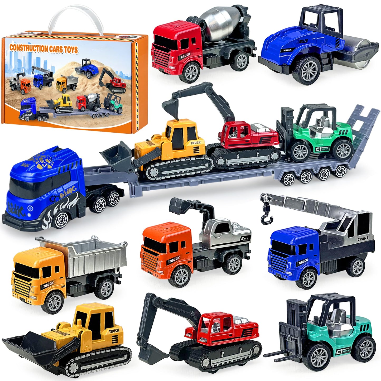 9 Pack Alloy Construction Truck Toys for 3 4 5 6 7 8 Years Old Boys Truck Vehicles Sand Sandbox Beach Toys Excavator Forklift Bulldozer Friction Powered