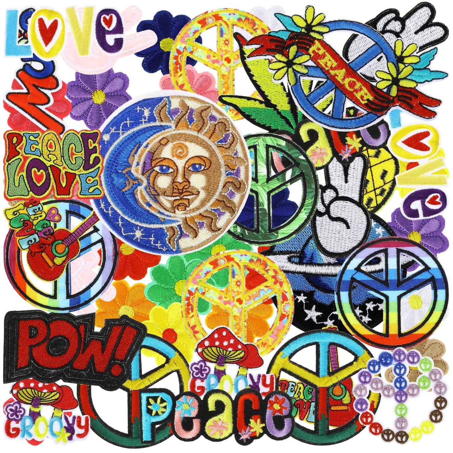 Ferraycle 48 Pcs Iron On Patches Hippie Embroidered Patches Random Assorted Styles Kit Aesthetic Repair Appliques for Sewing DIY Jacket Hat Clothing Backpack Jean 1970s Party
