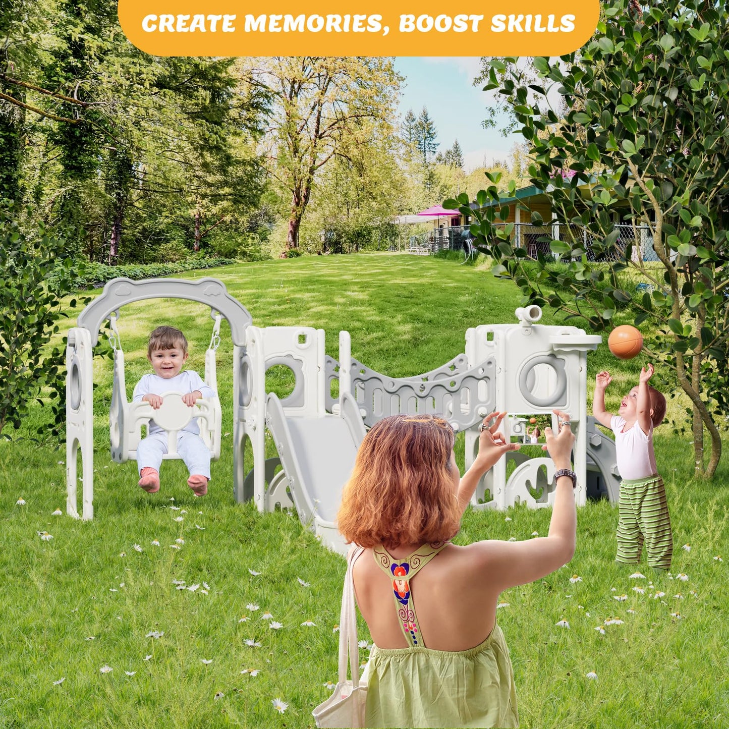 67i Toddler Indoor Playground Slide and Swing Set with Climbing Arch, Golf, Basketball - Outdoor Playset for Toddlers 1-3, Kids Activity Center (White Gray, with Swing)