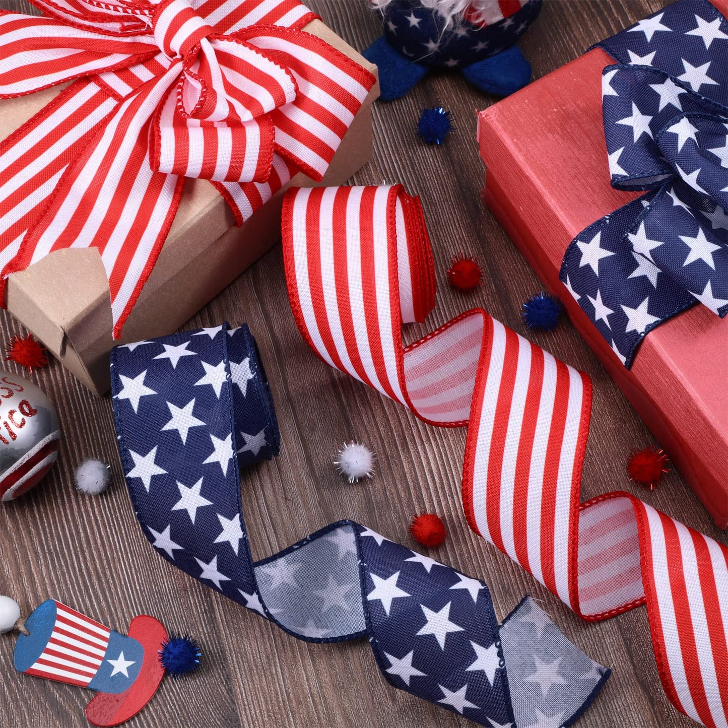 Hoteam 250th Anniversary 2 Rolls 20 Yard Red White and Blue Ribbon Patriotic Star and Striped Wired Royal USA Ribbon DIY Crafts for Xmas Holiday Decor(2 Inch,Red, Beige, White, Blue)
