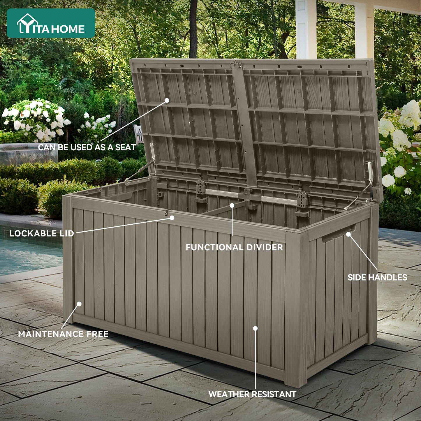 YITAHOME 220 Gallon XL Outdoor Storage Deck Box with Divider, Waterproof & Lockable, Ideal for Patio Furniture and Garden Tools, Resin-Built, Wood-Like Texture, Brown
