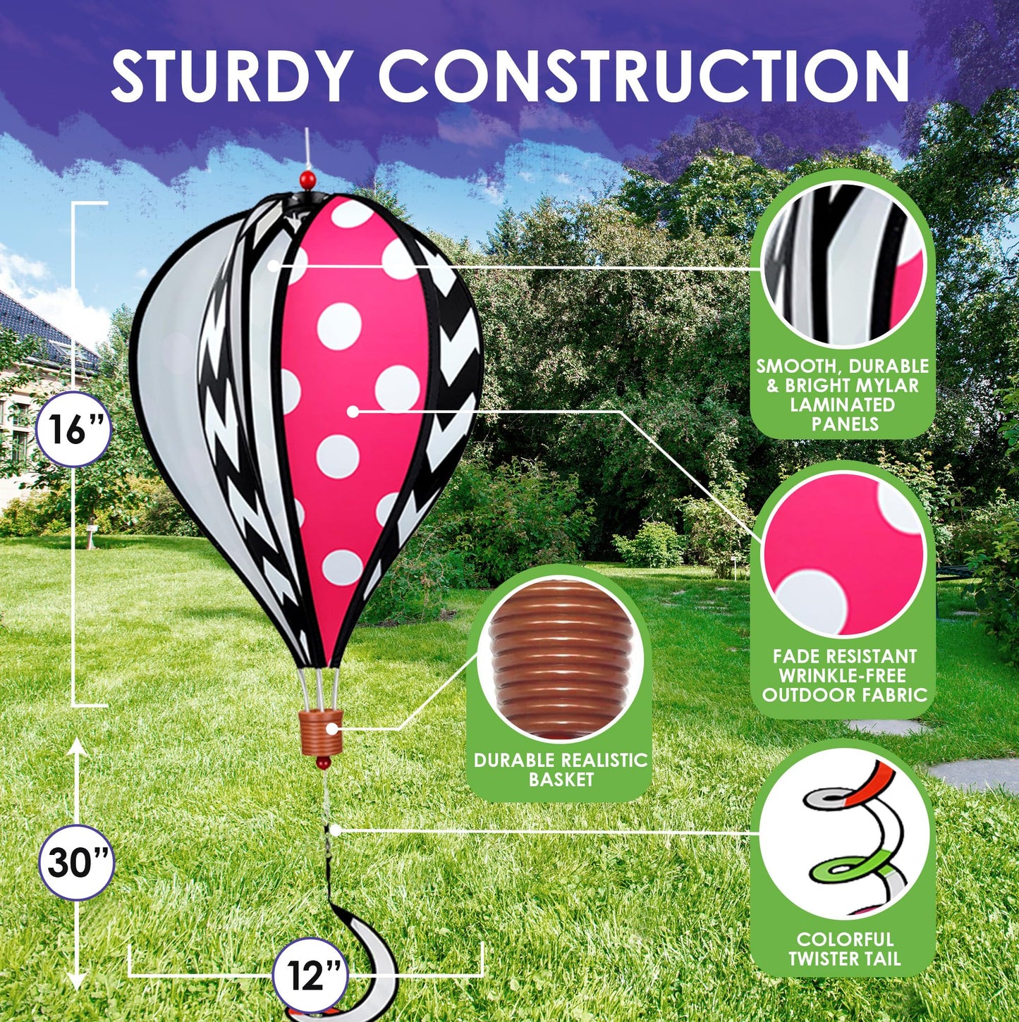 Hot Air Balloon Hanging Garden Spinner 16" - Vibrant Chevron Design, Weather-Resistant Outdoor Decor, Durable & Lightweight for Patios, Yards, and Gardens - Eye-Catching Wind Spinner