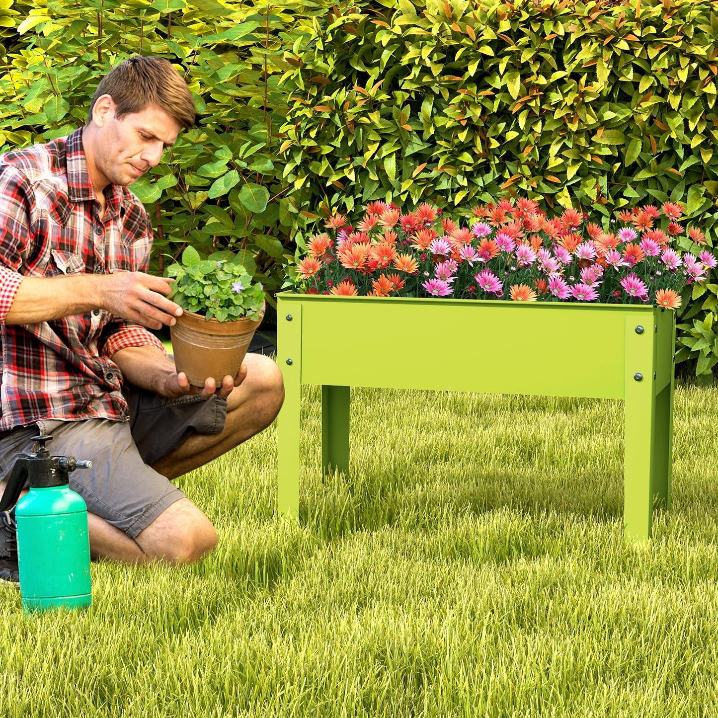 Giantex Raised Garden Bed, Metal Planter Box with Legs, Drain Hole, Outdoor Indoor Elevated Garden Box for Vegetable Flower Herb Fruit, Standing Raised Beds for Backyard Porch Balcony Green